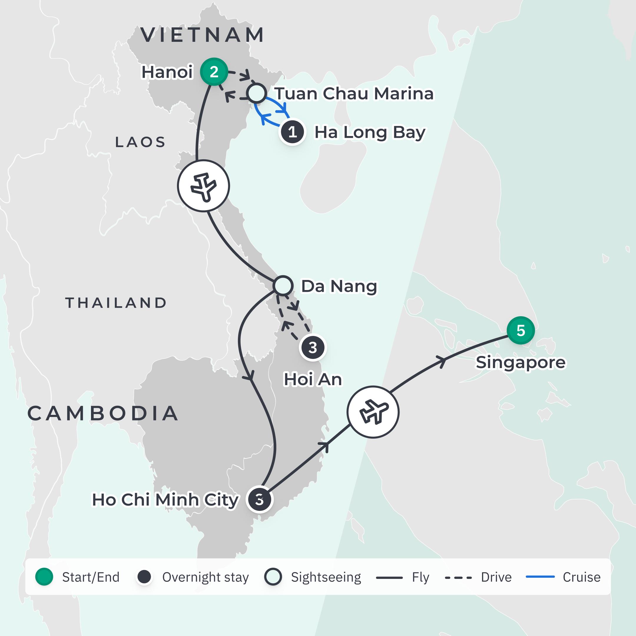Limited Time Only: FORMULA 1 SINGAPORE AIRLINES SINGAPORE GRAND PRIX 2026 + 10-Day Vietnam Highlights Tour route map