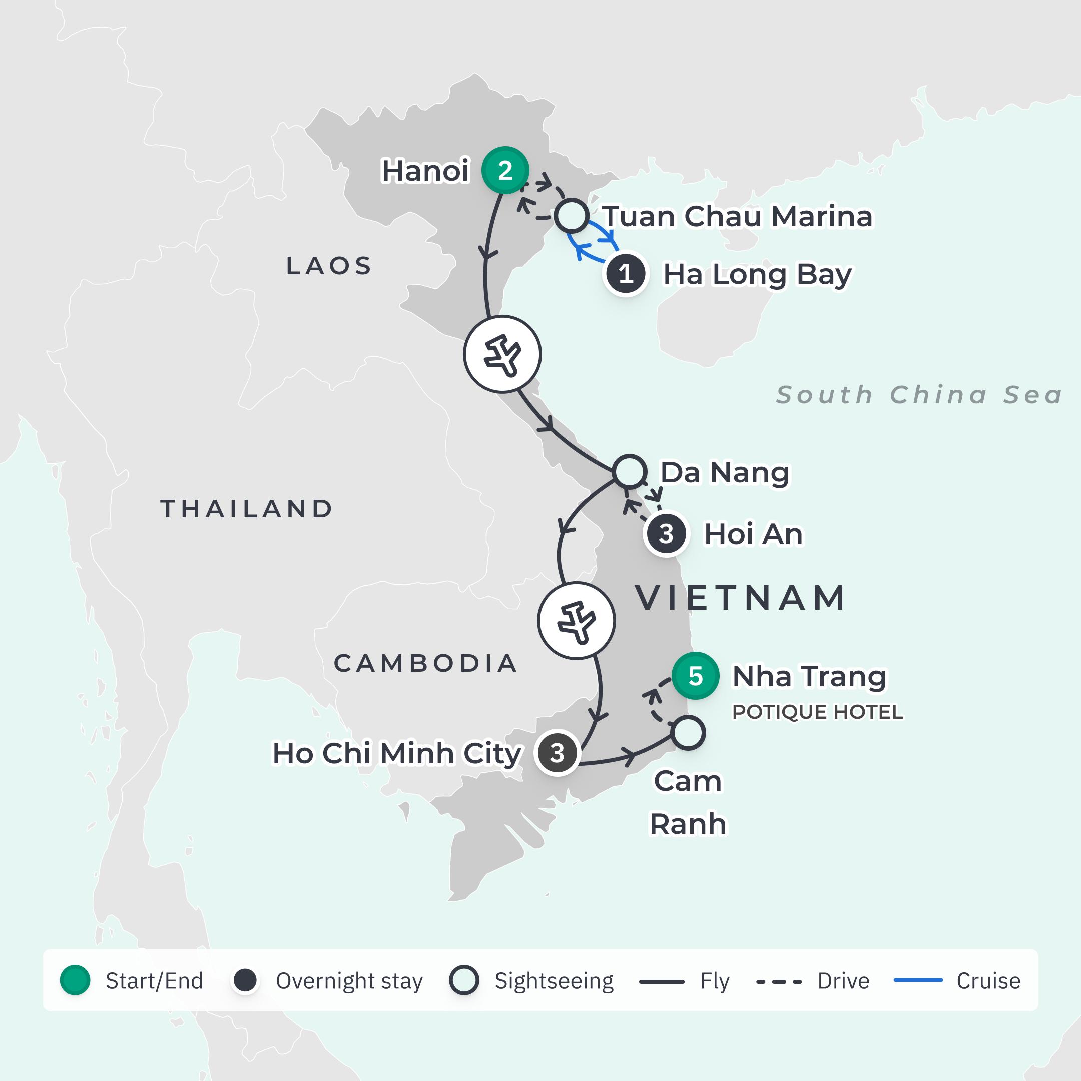 Limited Time Offer: 10-Day Vietnam Highlights with Ha Long Bay & 5-Night Nha Trang 5-Star Stay route map