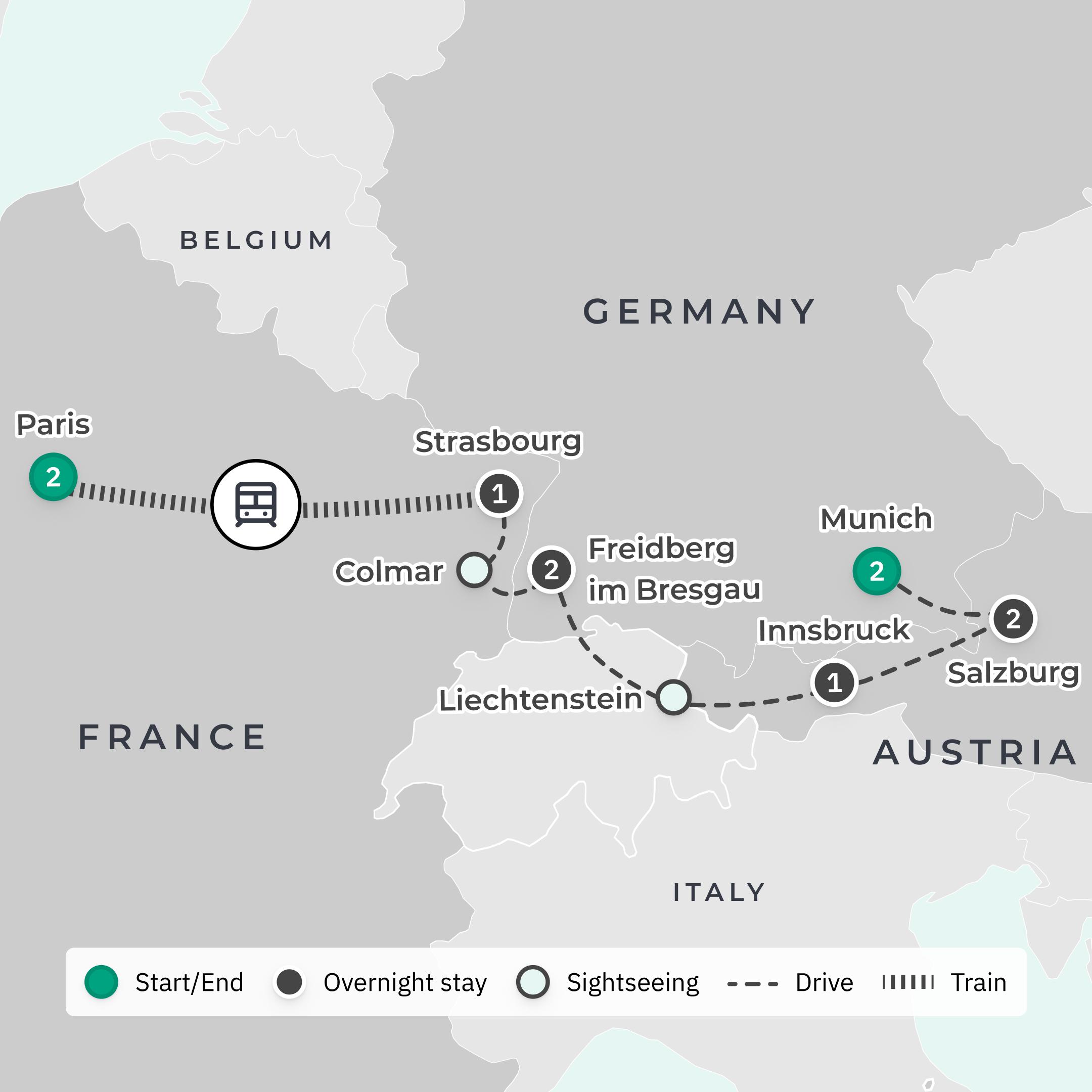 Deluxe 11-Day Europe Christmas Markets of Bavaria, Austria & France route map