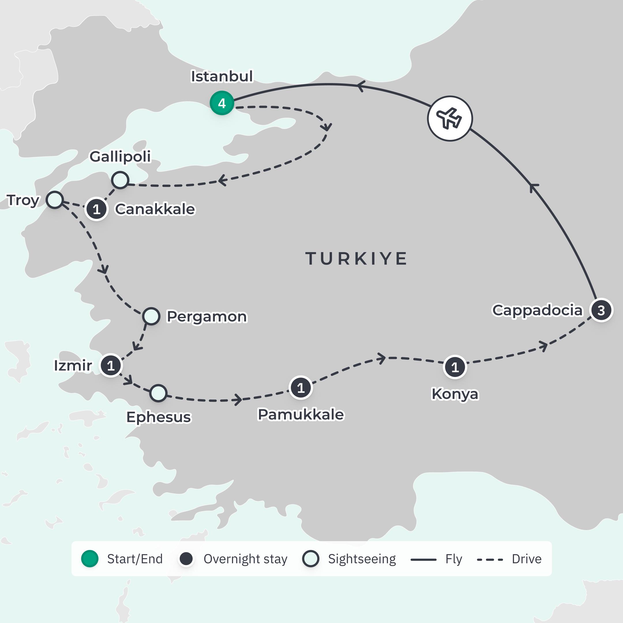 Deluxe 12-Day Turkiye Highlights 2027 with Gallipoli, Ephesus & Cappadocia Cave Stay route map