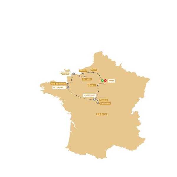 Treasures of France Including Normandy route map