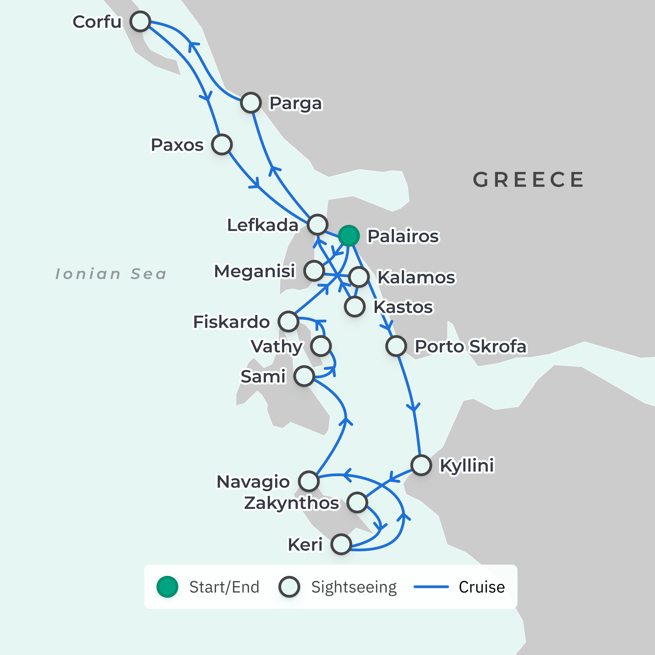 Greece Luxury Catamaran Ionian Odyssey with Shore Excursions & Complimentary Drinks Onboard route map