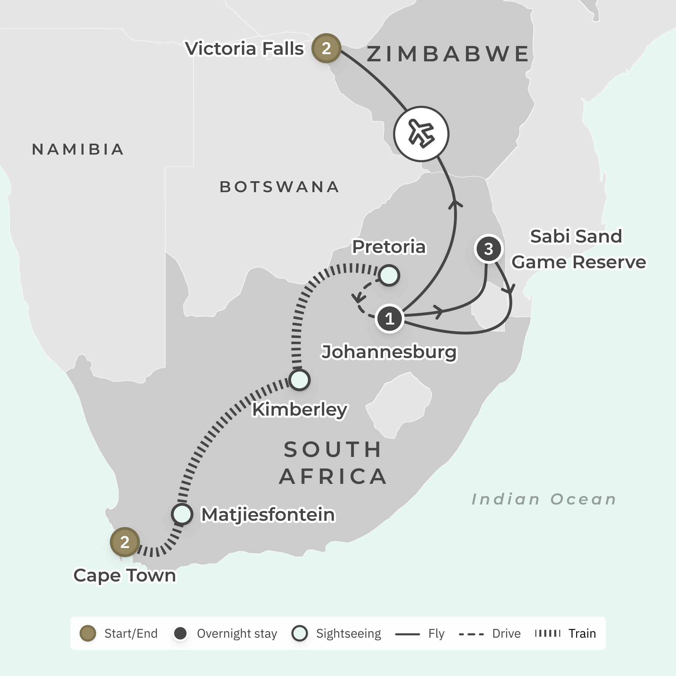 Limited Time Offer: Ultra-Lux 12-Day Private South Africa Safari with Rovos Rail & All-Inclusive Sabi Sands Lodge + BONUS A$1,000 Flight Credit route map