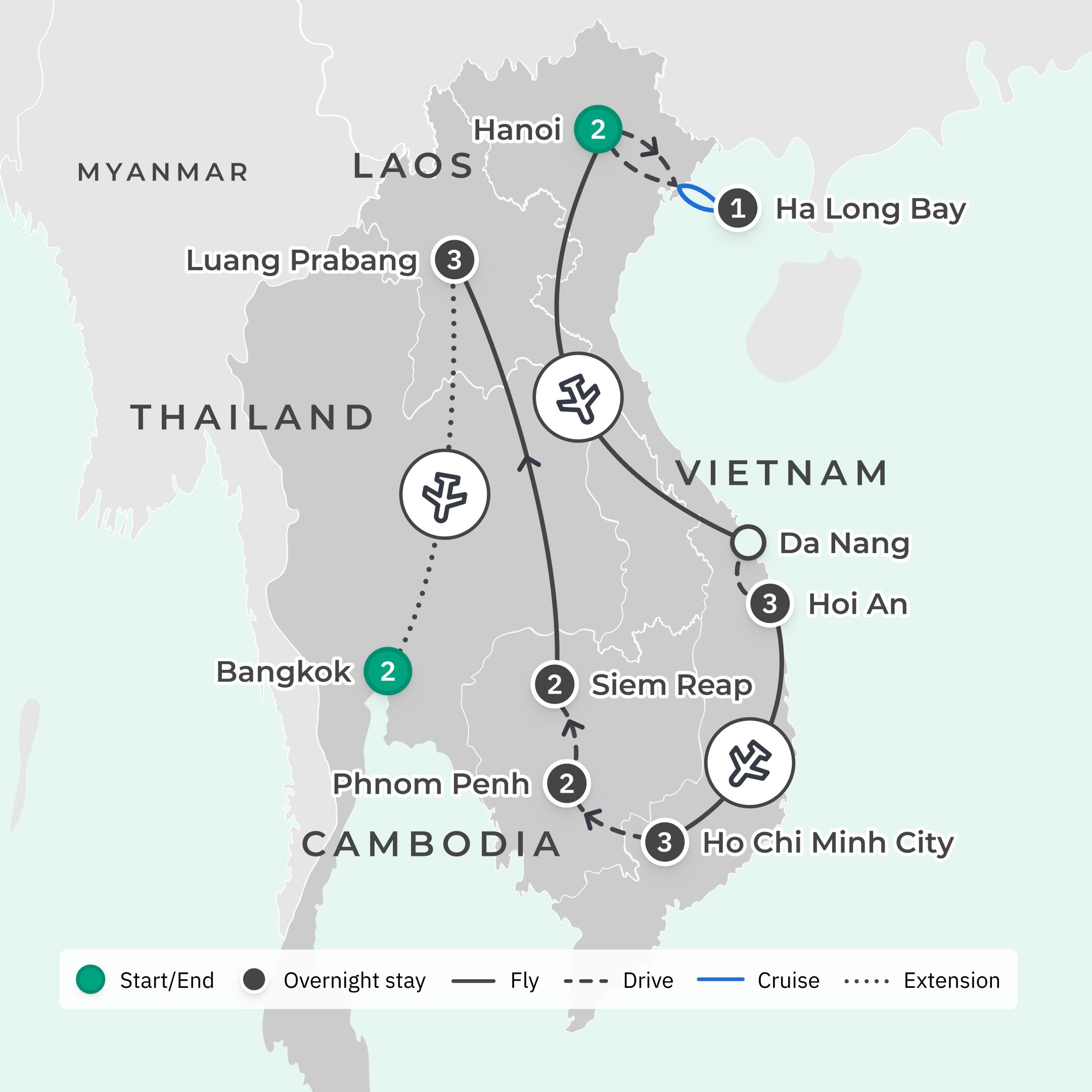 Limited Time Offer: Deluxe 17-Day Vietnam, Cambodia & Laos Discovery Tour with BONUS Bangkok Extension route map
