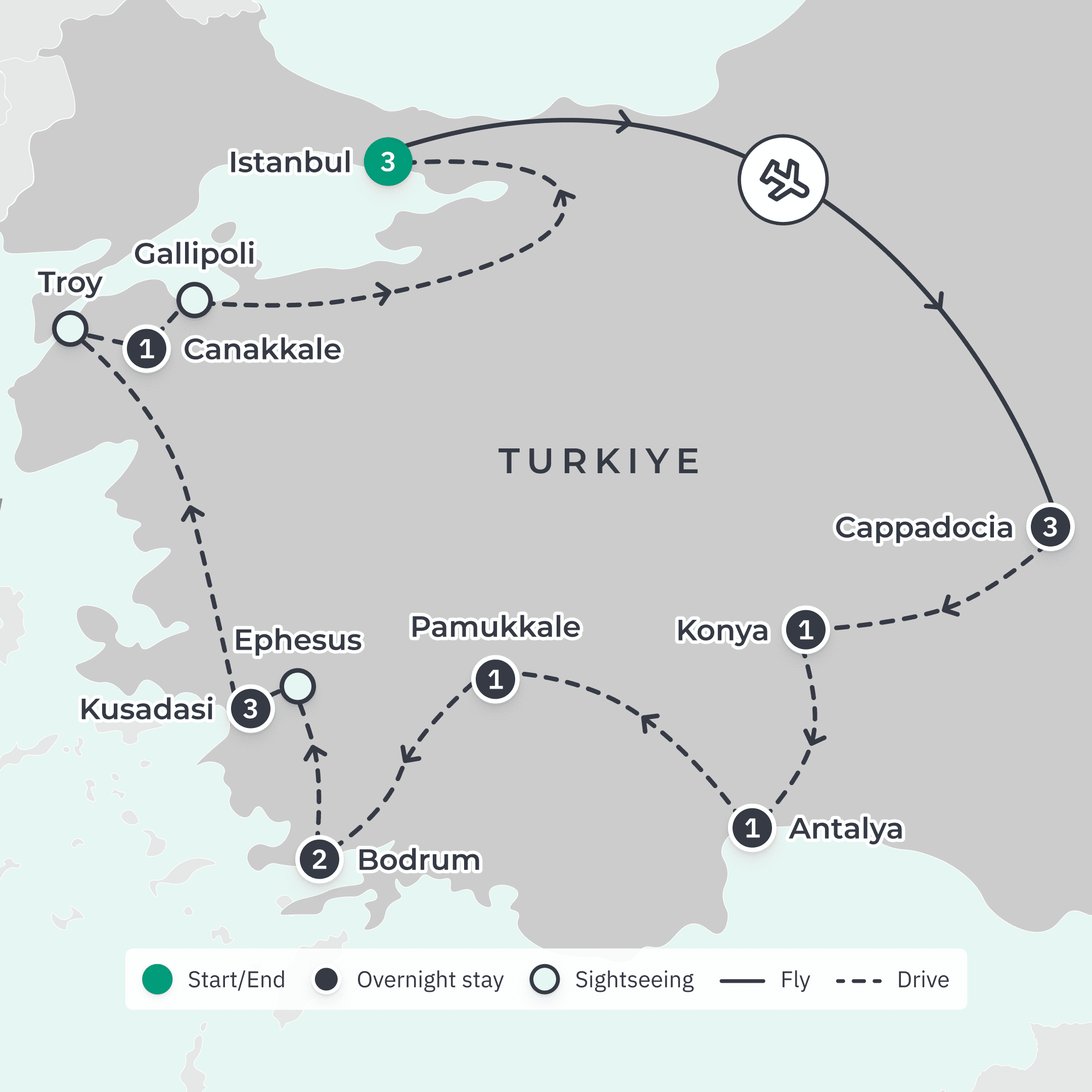 Deluxe 16-Day Best of Turkiye with Cappadocia, Pamukkale & Gallipoli route map