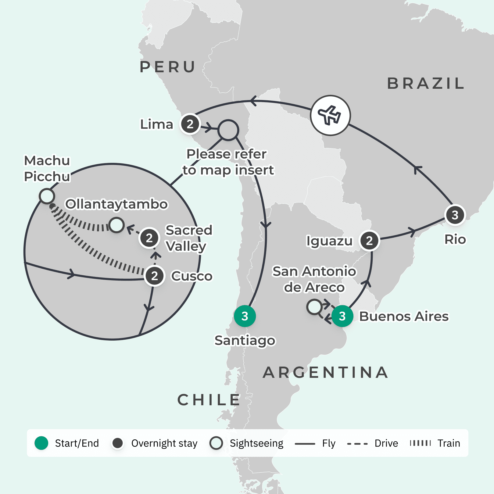 Deluxe 18-Day South America Odyssey with Iguazu Falls, Machu Picchu & Rio route map