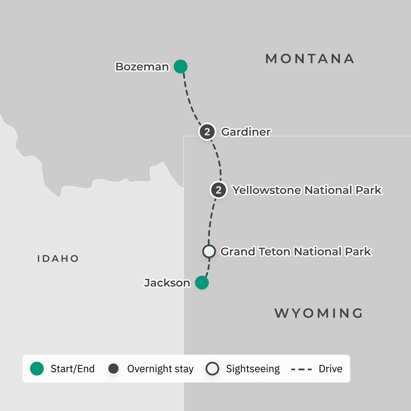Yellowstone & Grand Tetons Hiking Adventure with Grand Prismatic Spring & Wolf-Tracking Experience route map