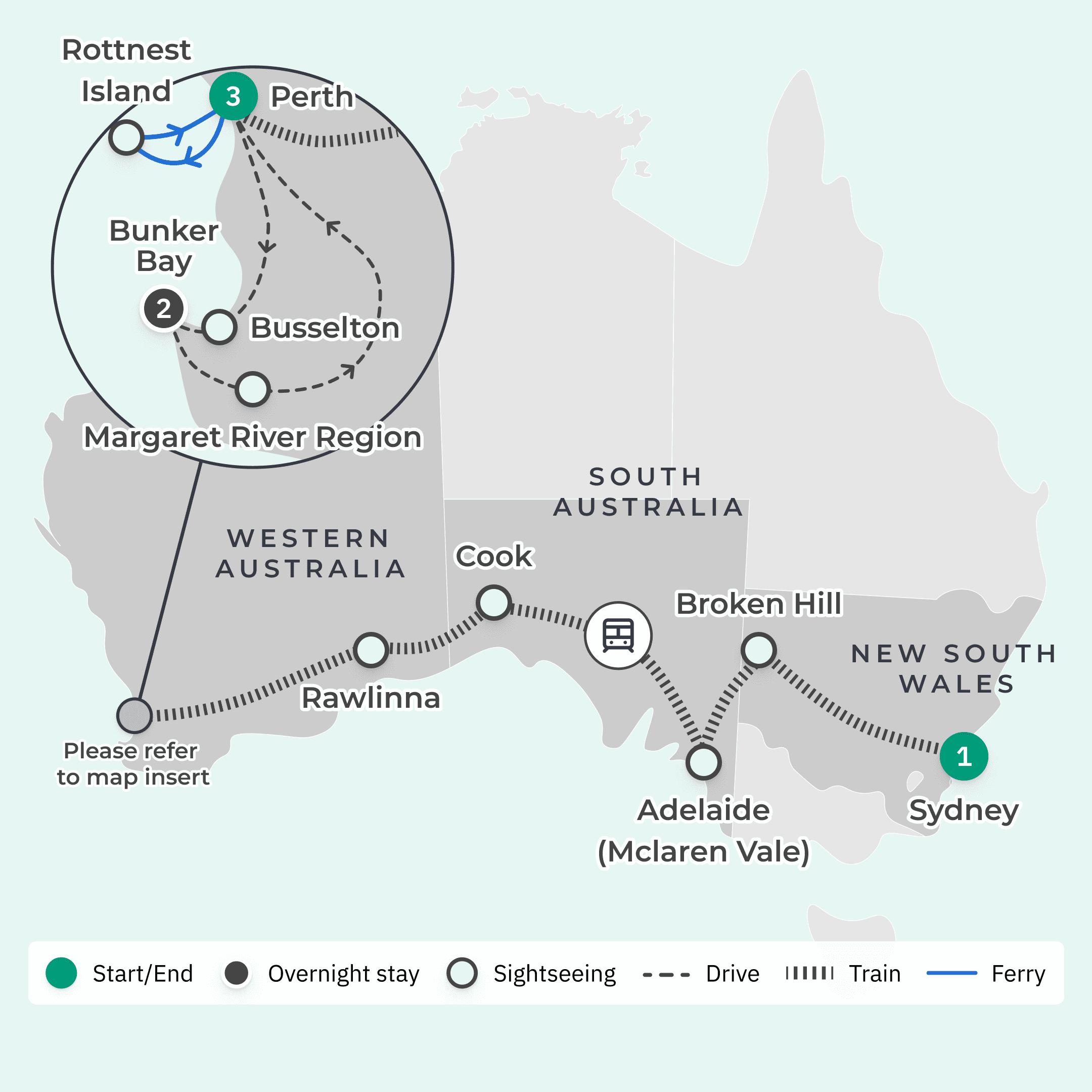 Deluxe 10-Day Australia Transcontinental Indian Pacific Rail Journey with Margaret River & Rottnest Island route map