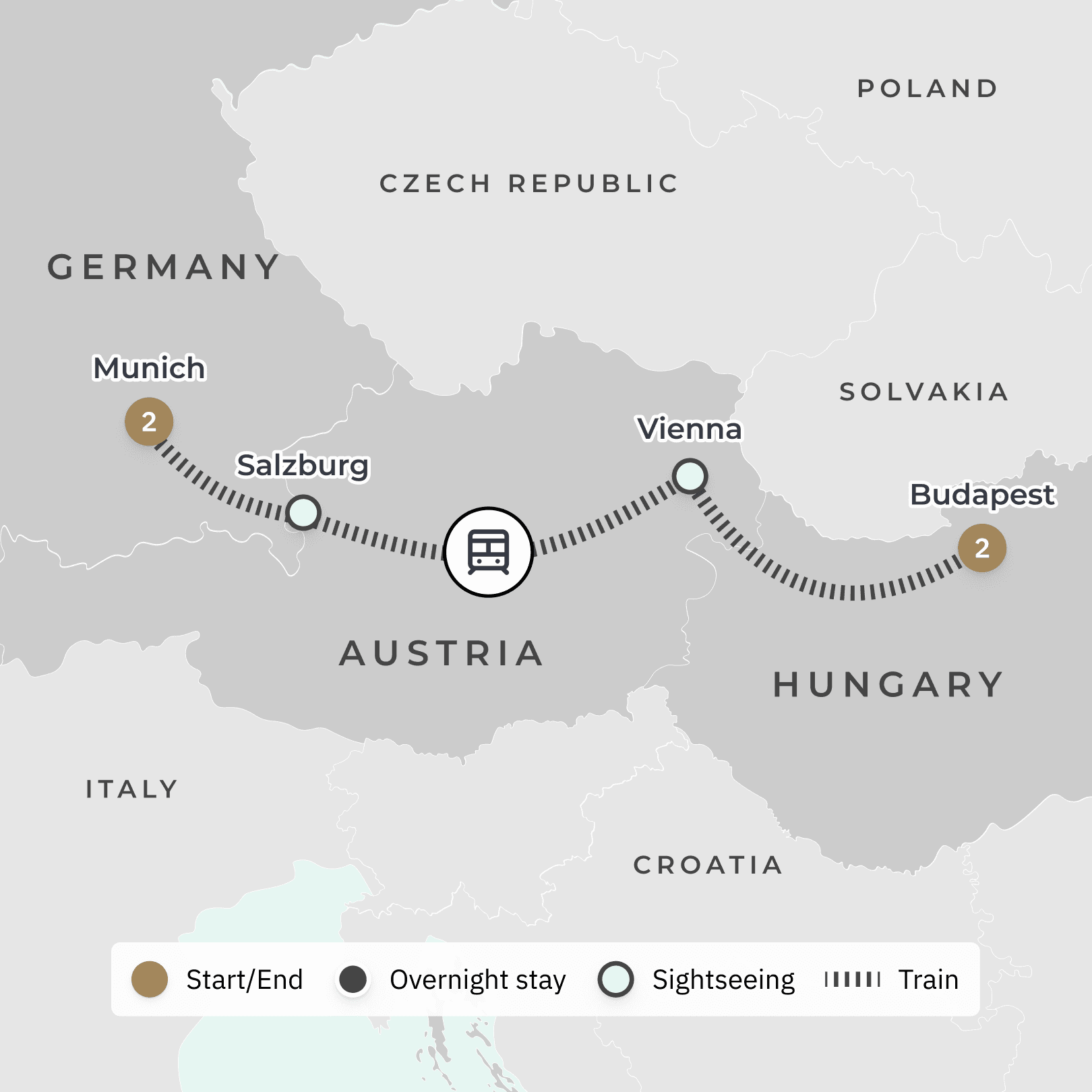 Christmas Markets of Europe All-Inclusive Ultra Lux Golden Eagle Rail Journey from Munich to Budapest route map