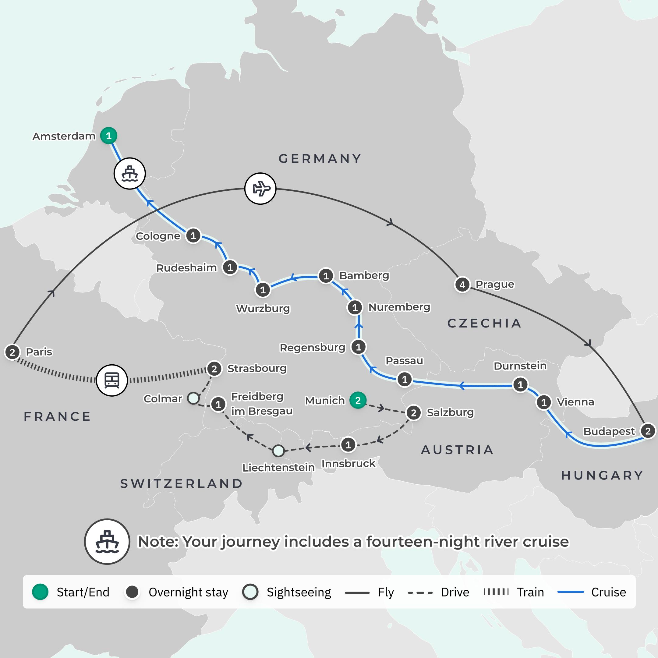 Limited Time Offer: 11-Day Europe Christmas Markets + Prague Stay + 15-Day Christmas & New Year River Cruise route map