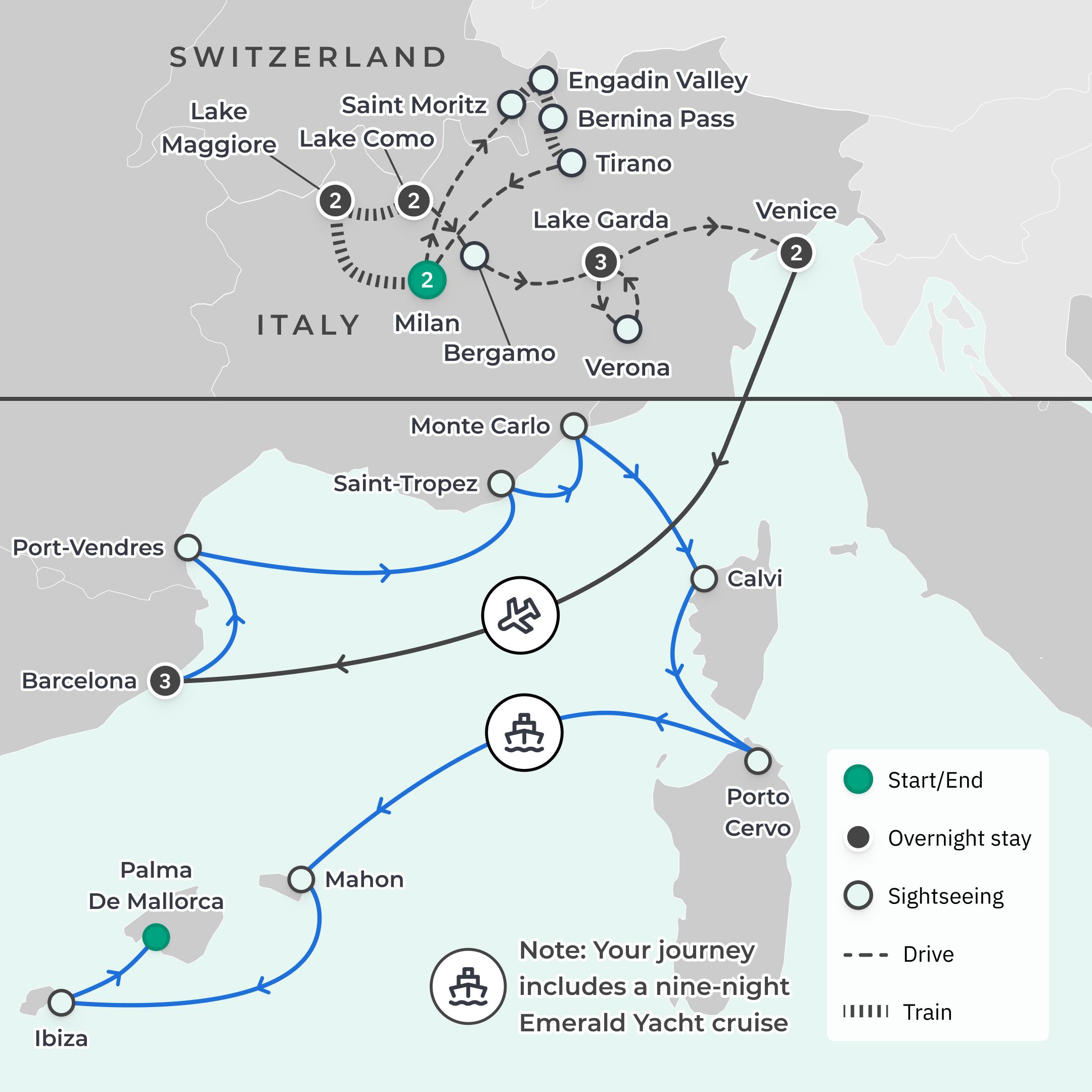 Limited Time Offer: 12-Day Northern Italian Lakes with Swiss Rail + 9-Night Emerald Luxury Yacht Mediterranean Cruise route map