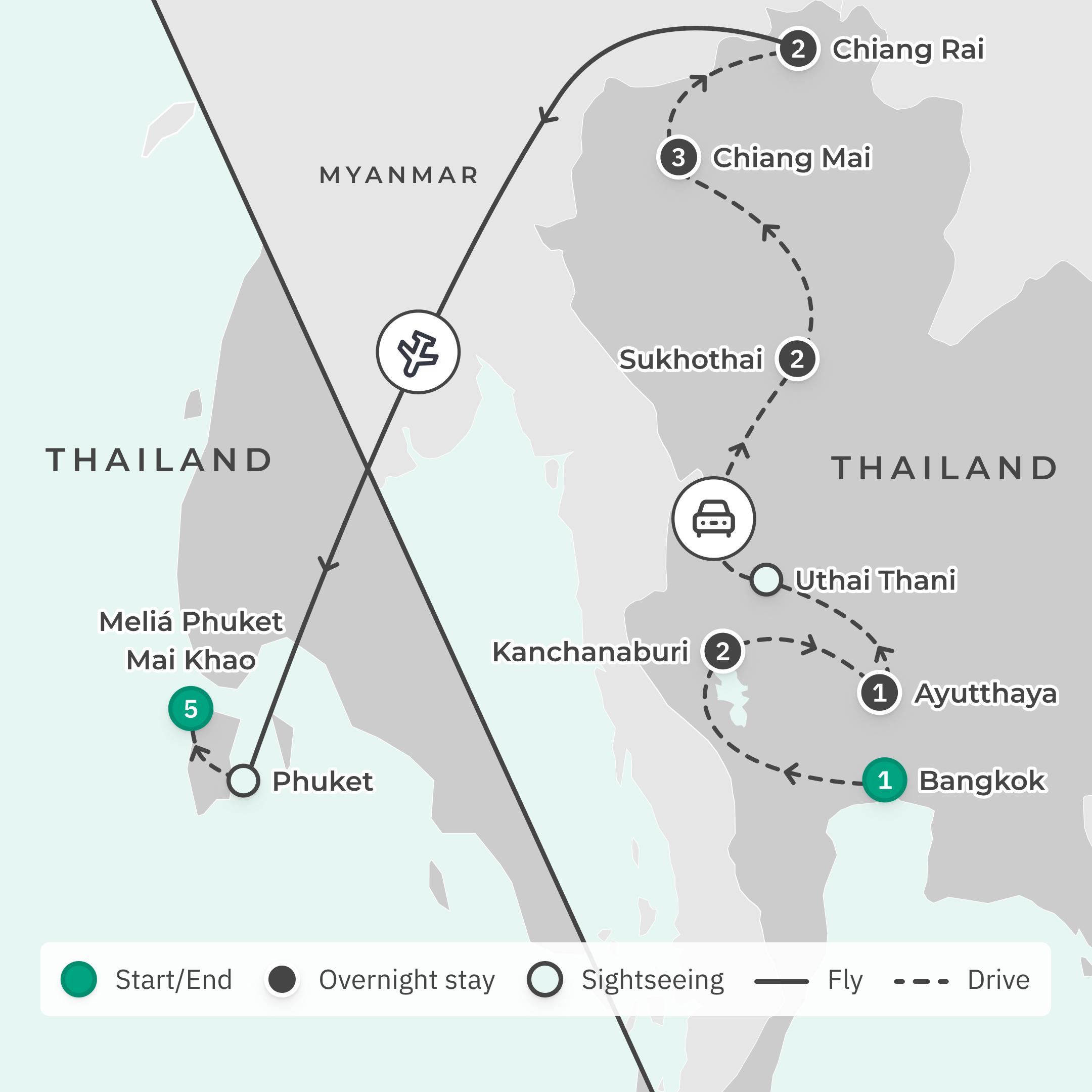 Limited Time Offer: 12-Day Best of Northern Thailand + 5-Night Meliá Phuket Stay route map