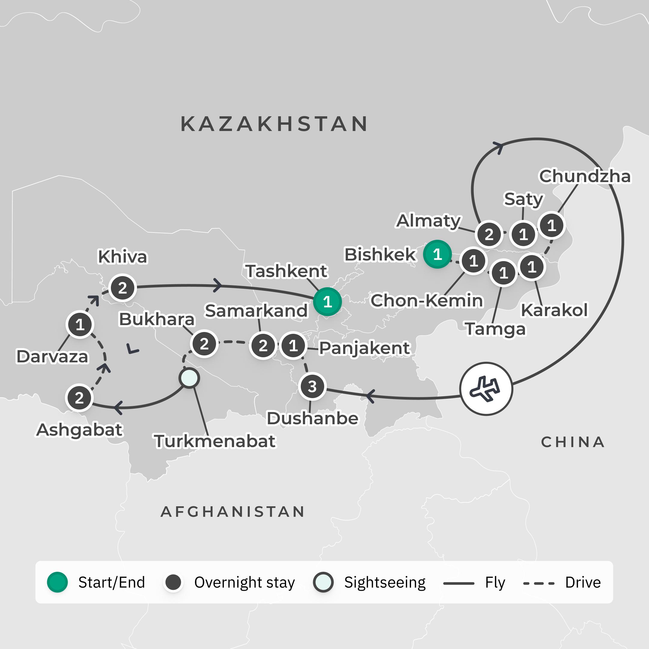 Deluxe 24-Day Five Stans & Silk Road Discovery with Kazakhstan, Uzbekistan & Kyrgyzstan route map