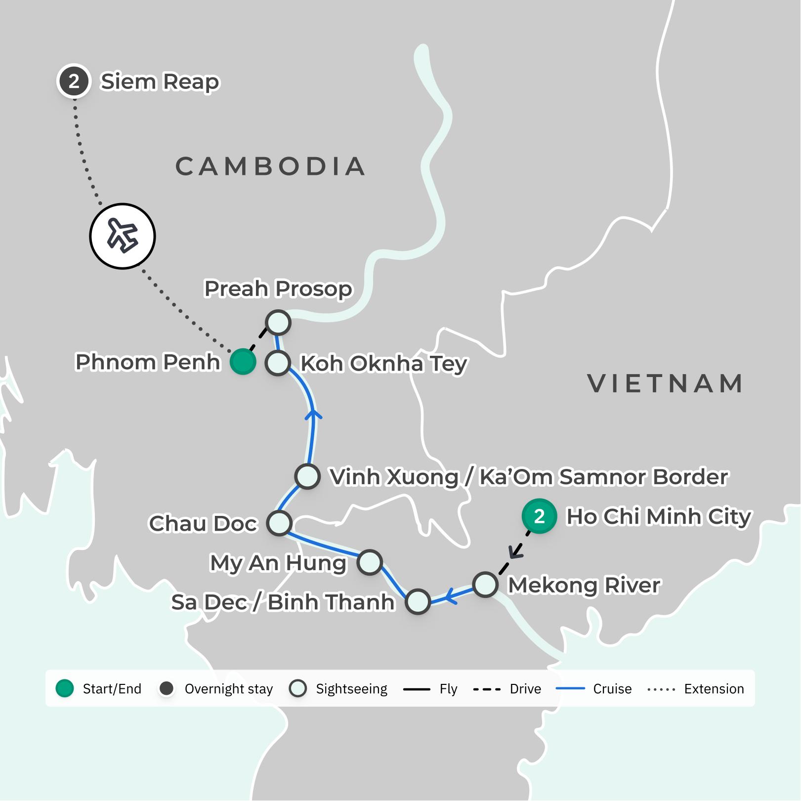 Vietnam & Cambodia: Luxury 7-Day Tour with All-Inclusive River Cruise & Ho Chi Minh City Stay route map