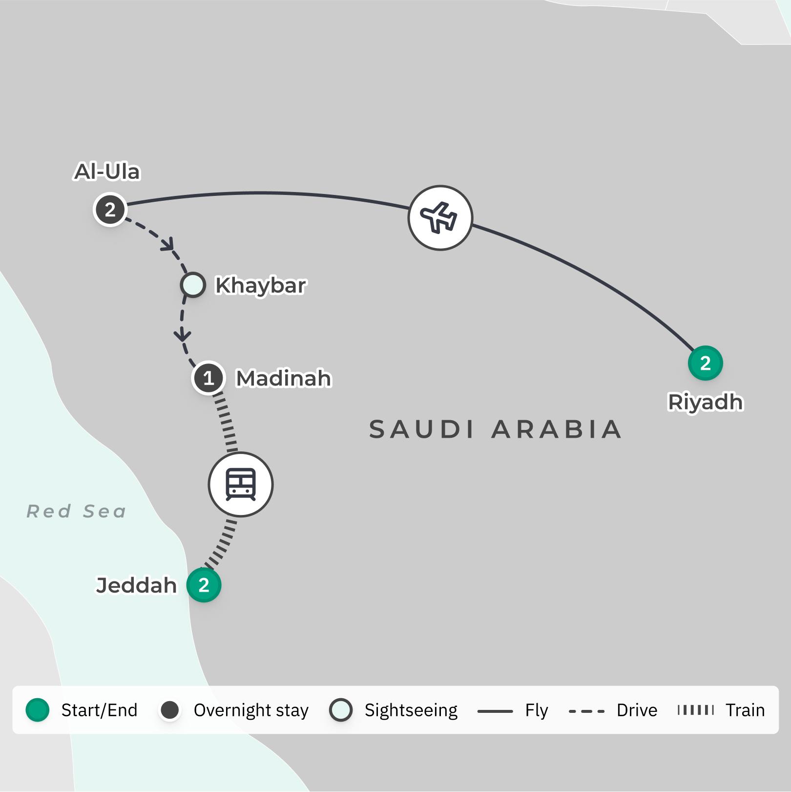 Deluxe 8-Day Saudi Arabia Private Tour with AlUla, Madinah & Arabian Desert Bullet Train route map