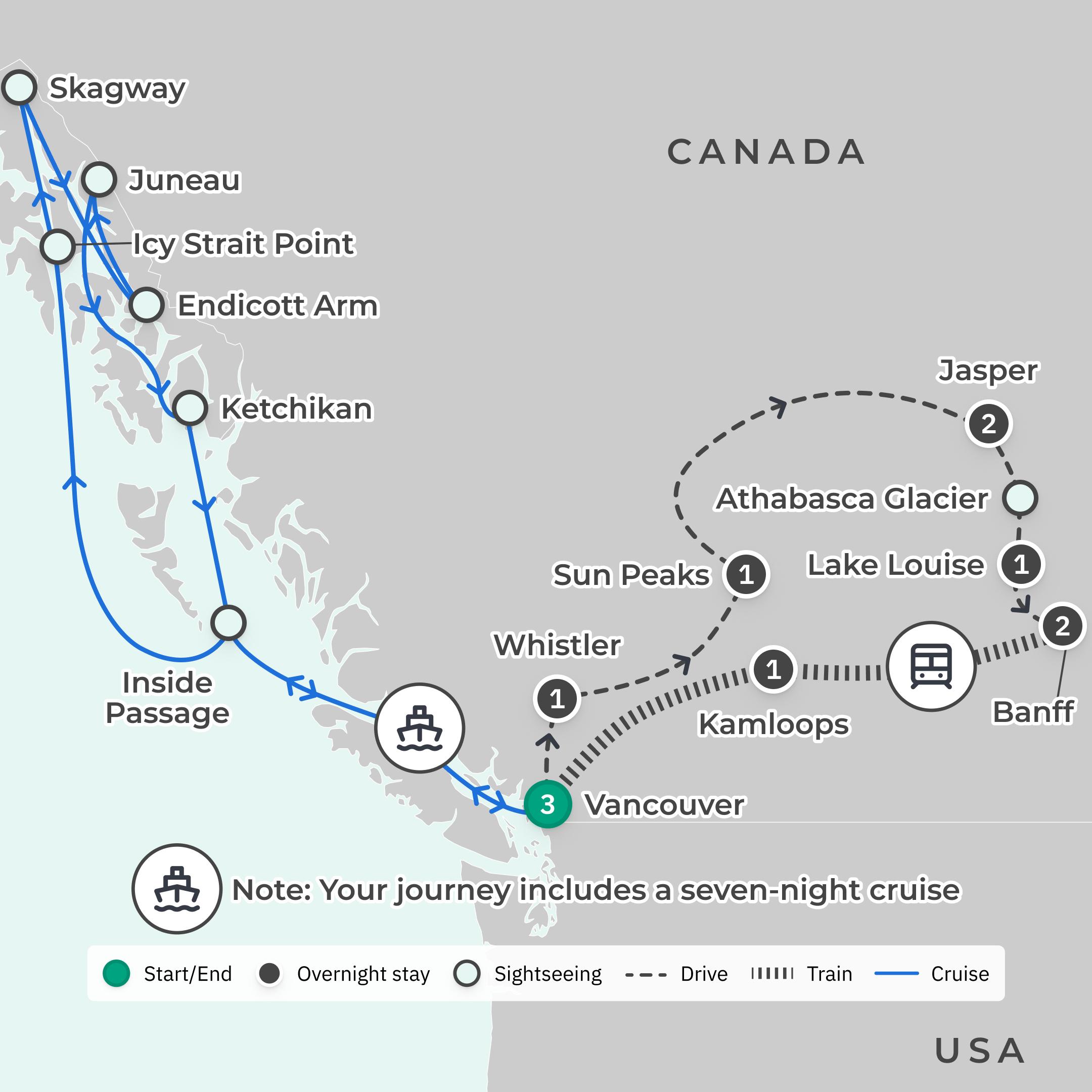 Limited Time Offer: 19-Day Canada & Alaska Rail & Sail Tour with Rocky Mountaineer + BONUS A$400 Flight Credit route map