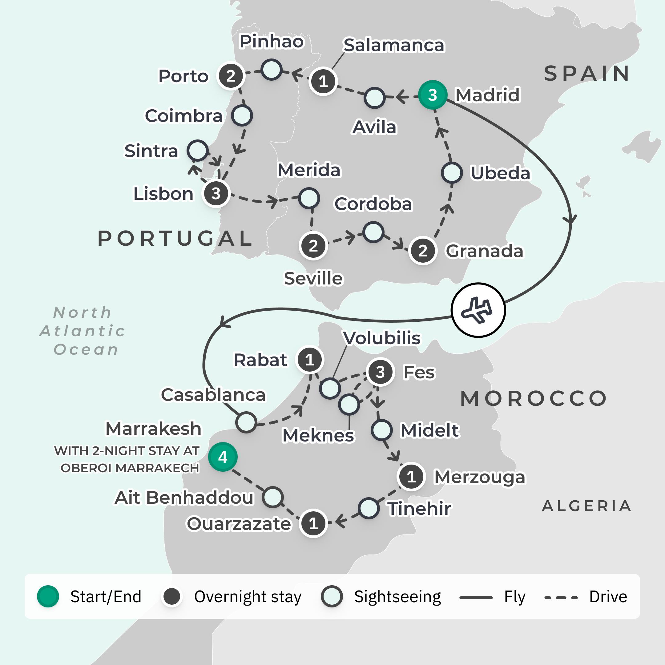 Limited Time Offer: 22-Day Spain, Portugal & Morocco Odyssey + 2-Night Oberoi Marrakech Pool Villa Stay route map
