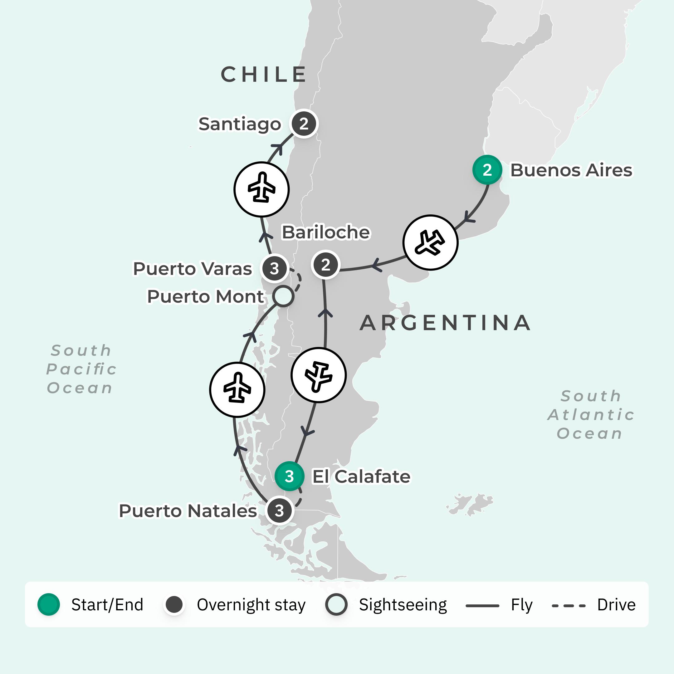 Deluxe 16-Day Argentina & Chile Odyssey with Buenos Aires, Lake Argentino & Perito Moreno Glacier route map