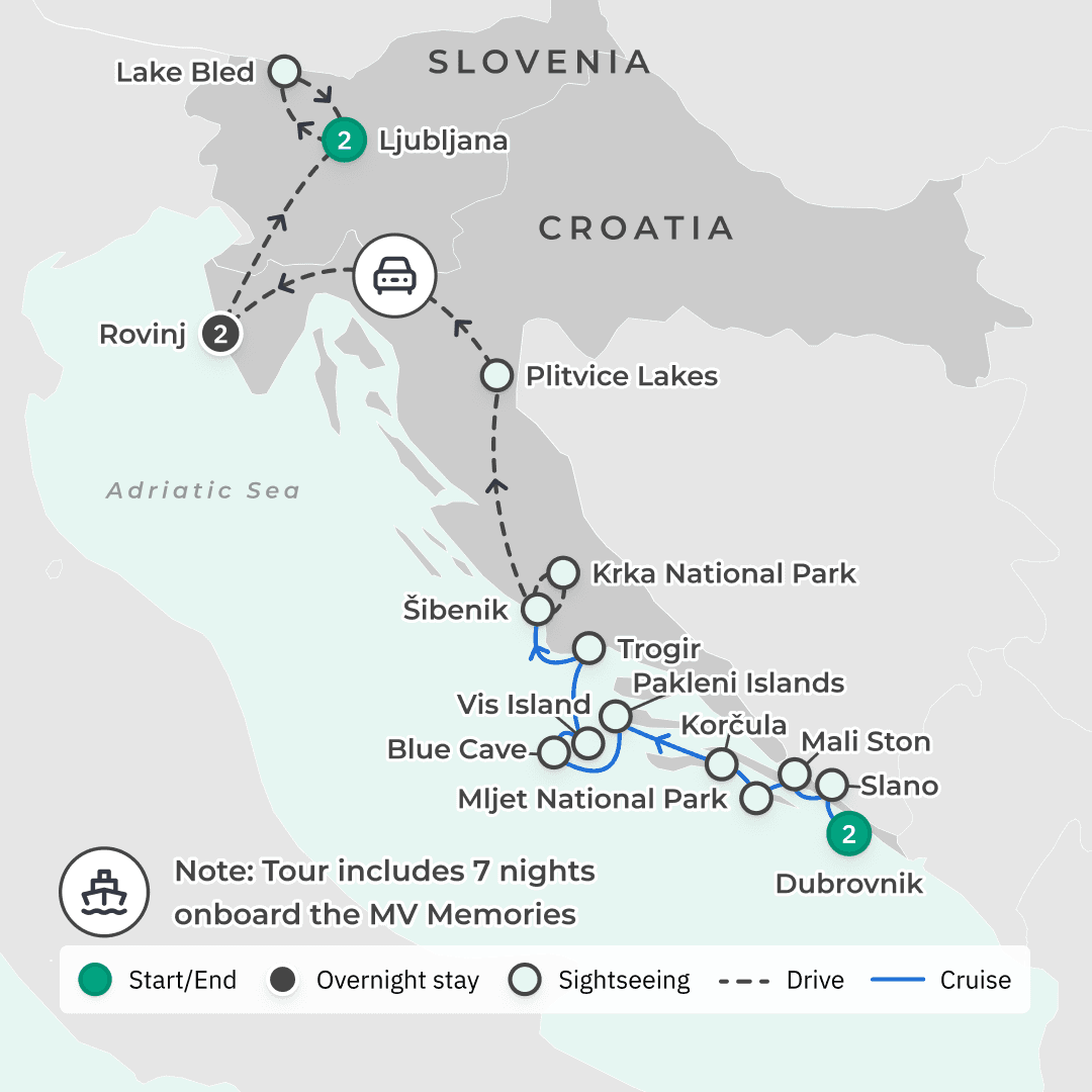Premium 14-Day Private Croatia & Slovenia Tour with Boutique Coastal Cruise, Istria & Lake Bled route map