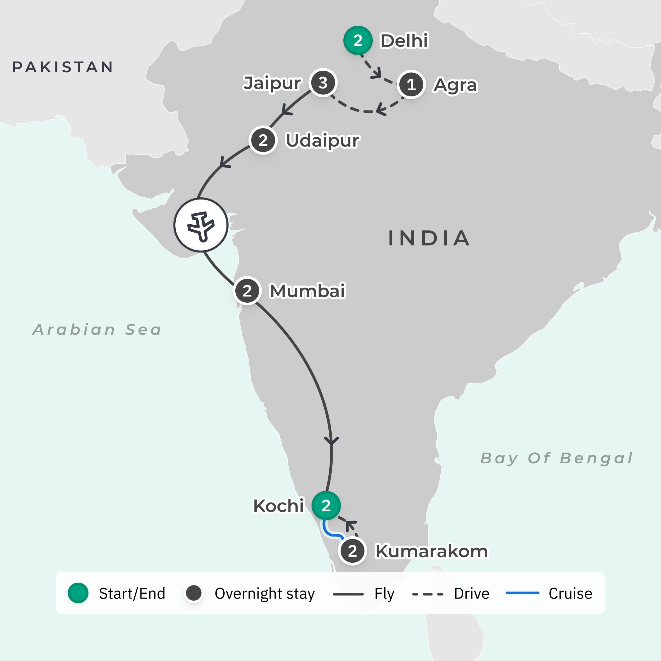 Premium 15-Day Ultimate India with Golden Triangle, Rajasthan & South India (No Solo Traveller Surcharge) route map