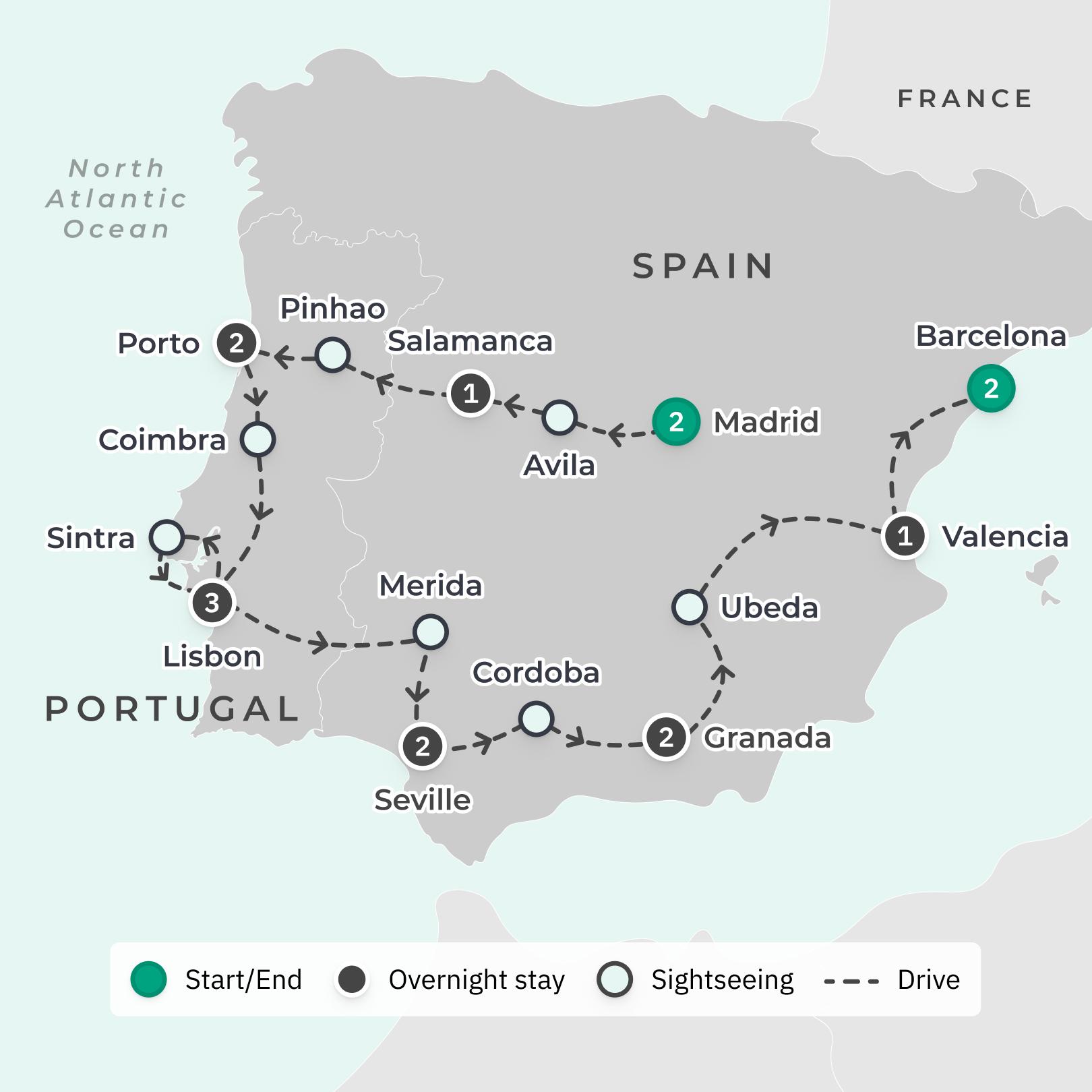 Deluxe 16-Day Spain & Portugal Discovery with Porto, Seville & Granada route map