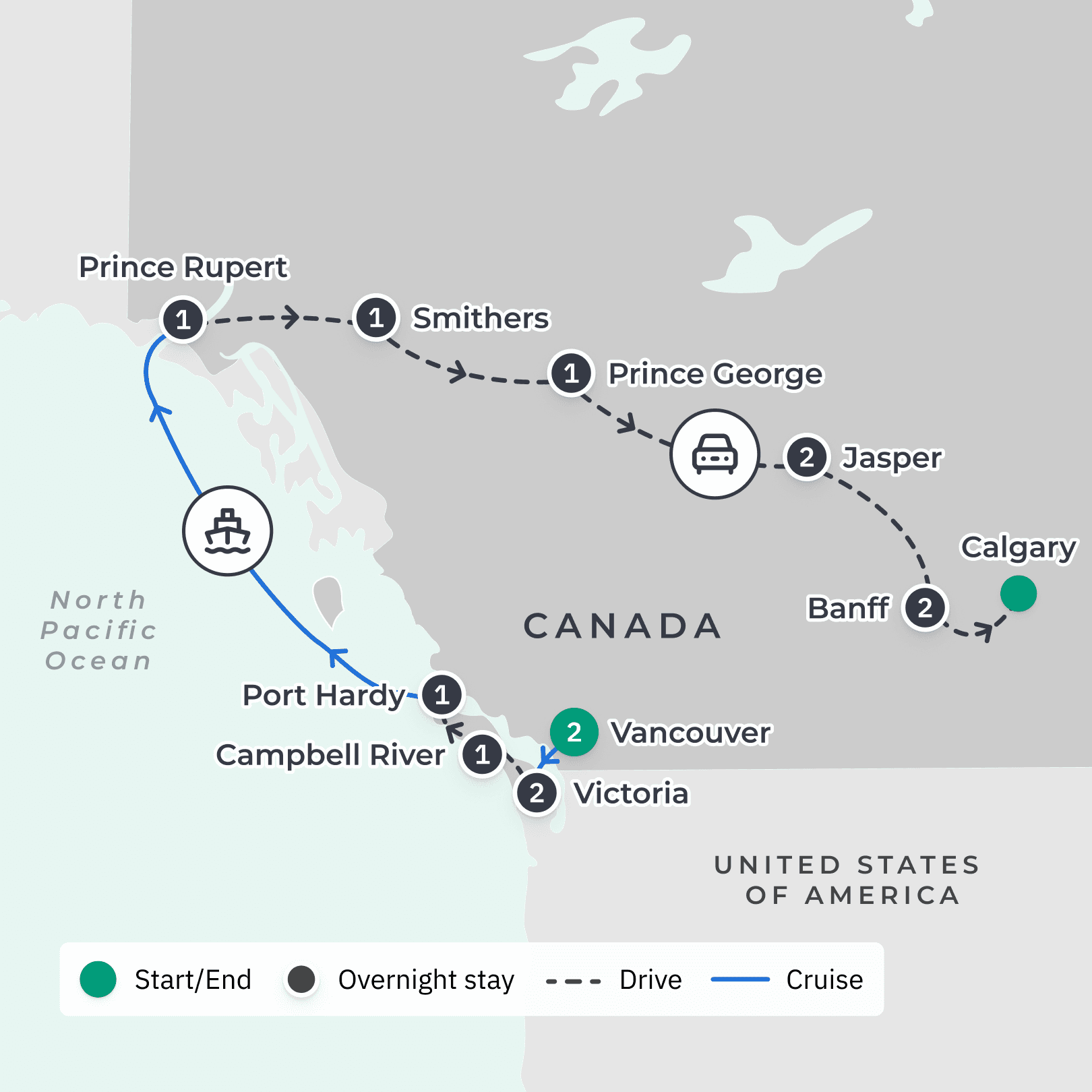 Western Canada 2024 Tour with Inside Passage Cruise, Whale Watching Experience & Banff National Park route map