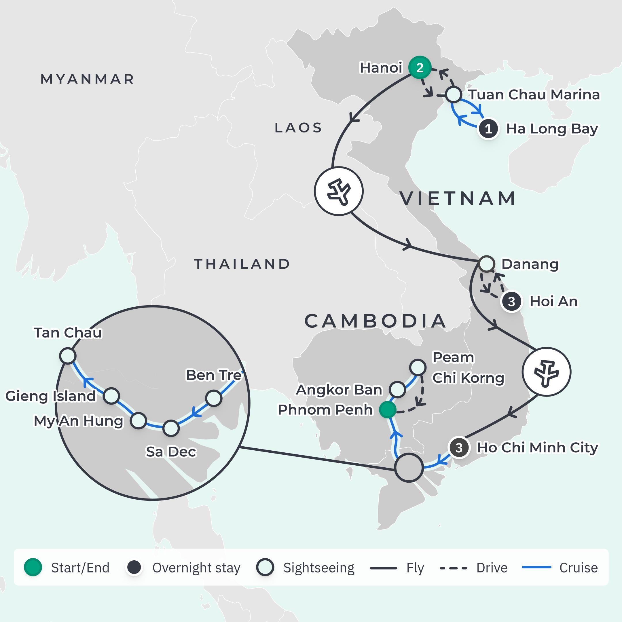 Limited Time Offer: 10-Day Vietnam Highlights with Ha Long Bay + 9-Night Emerald Mekong River Cruise route map