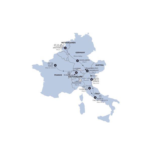 Highlights of Europe - Start Amsterdam, End Paris, Classic Group, Summer route map
