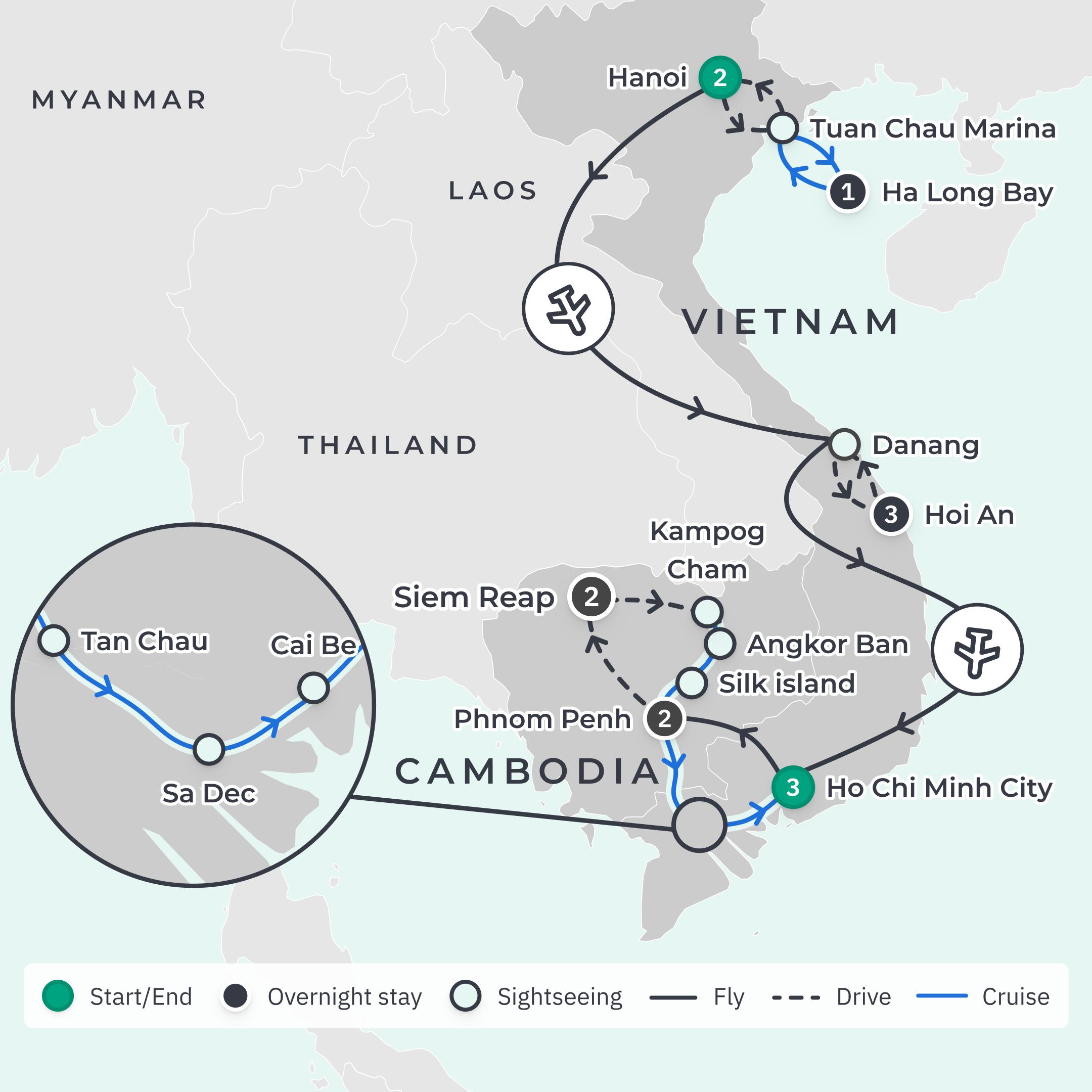Limited Time Offer: 14-Day Vietnam & Cambodia Discovery 2027 with Ha Long Bay + 9-Night Scenic Mekong River Cruise route map