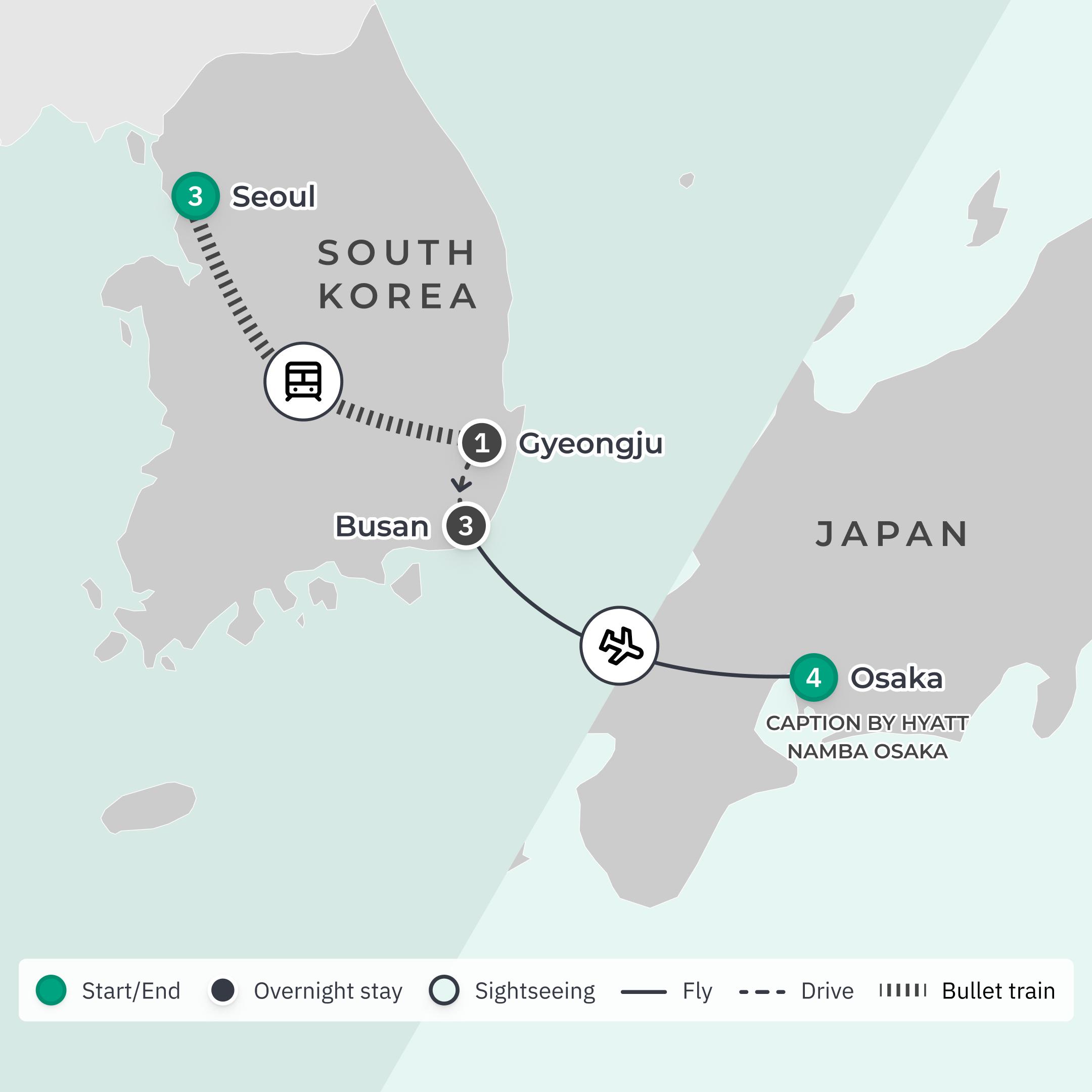 Limited Time Offer: 8-Day South Korea Highlights with Bullet Train, DMZ & Gyeongju + 4-Night Osaka Hyatt Stay route map