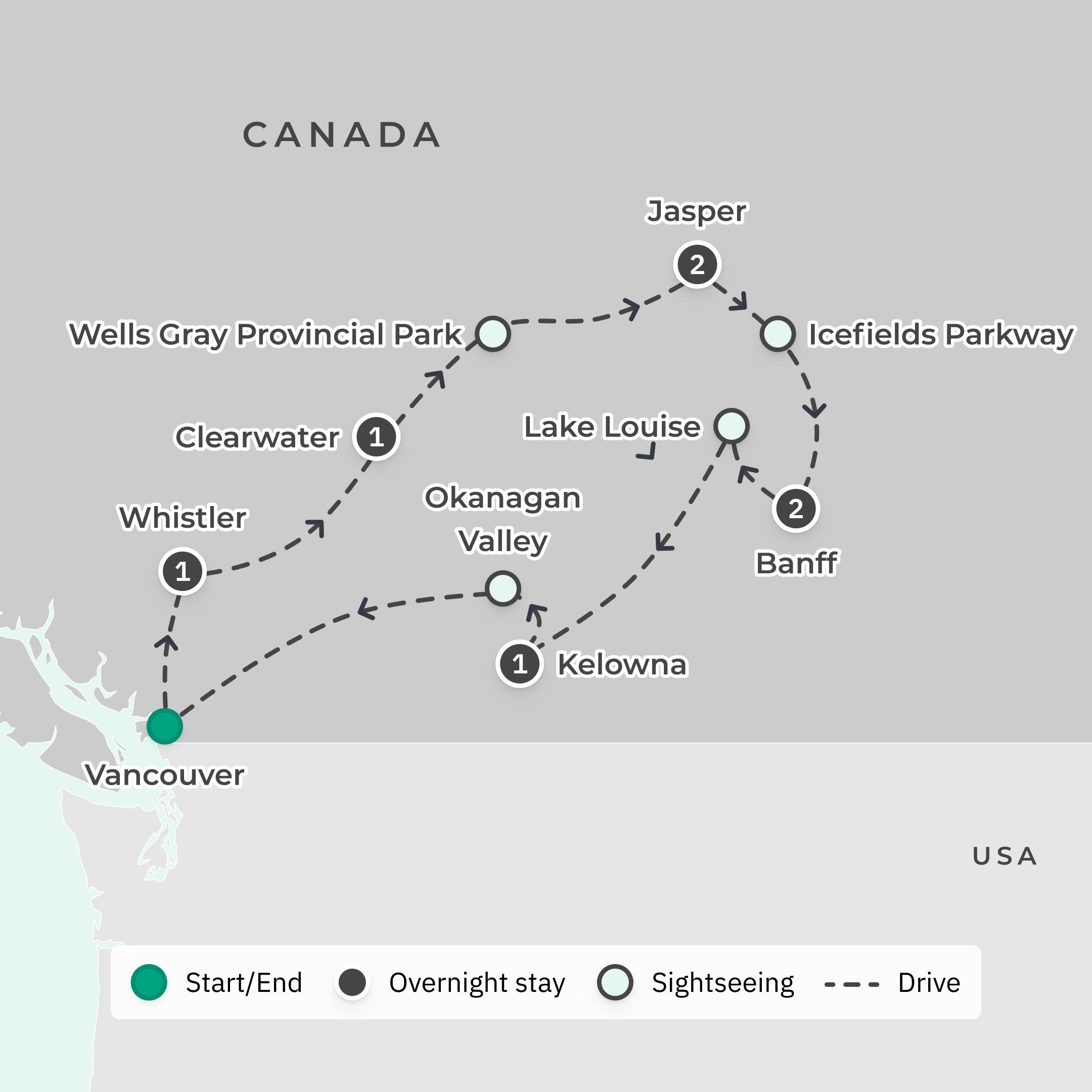 8-Day Western Canada Highlights with Whistler, Banff & Lake Louise route map