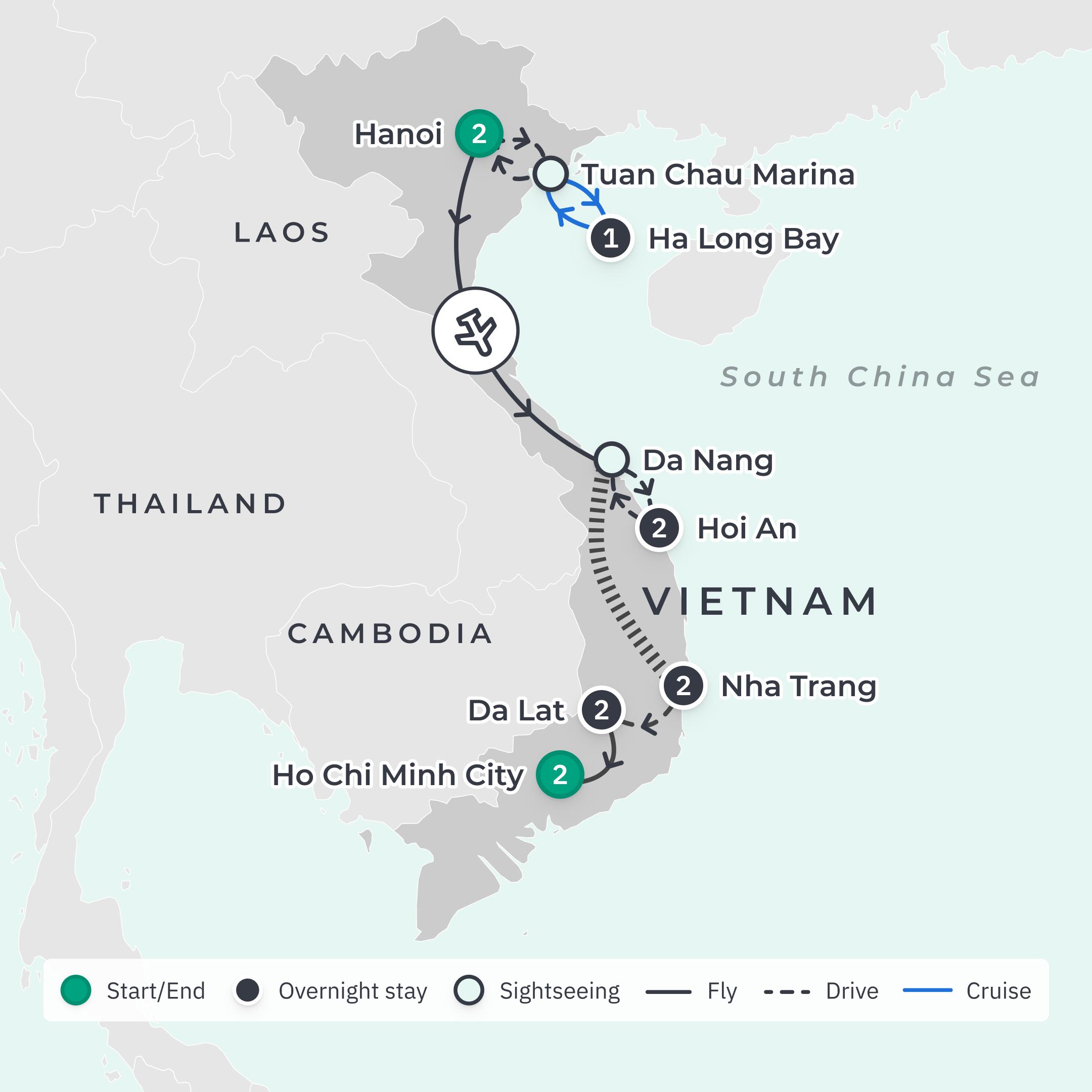 12-Day Premium Vietnam Private Tour with The Vietage Luxury Train, Ha Long Bay & Nha Trang route map