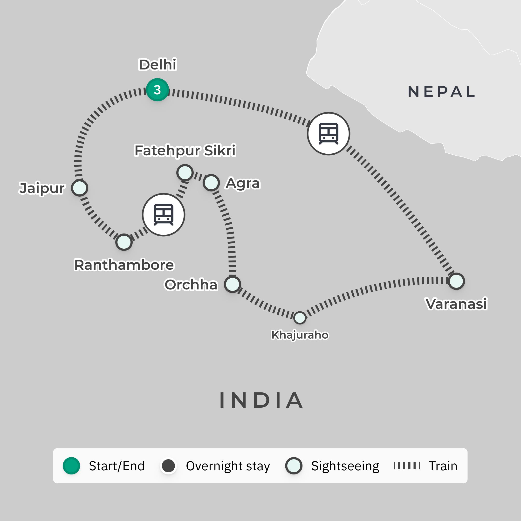India Ultra Lux 10-Day Odyssey with All-Inclusive Maharajas' Express Rail Journey & Leela Palace Stay route map