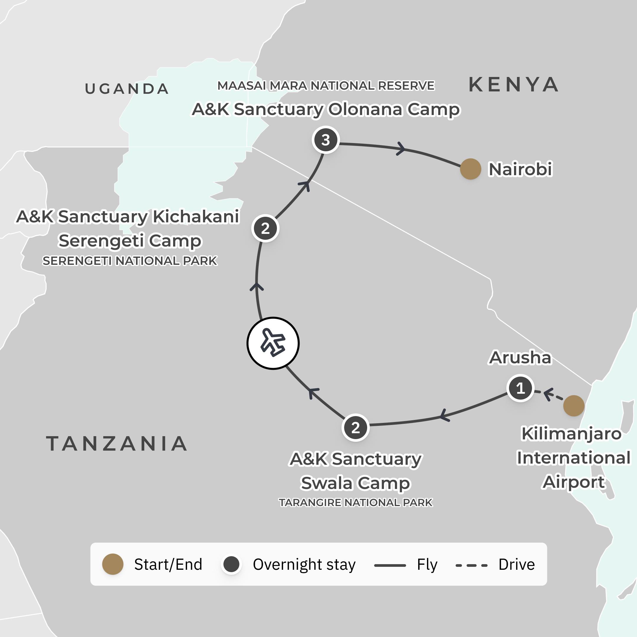 Ultra Lux 9-Day Kenya & Tanzania Private A&K Sanctuary Safari with Serengeti & Maasai Mara National Parks route map