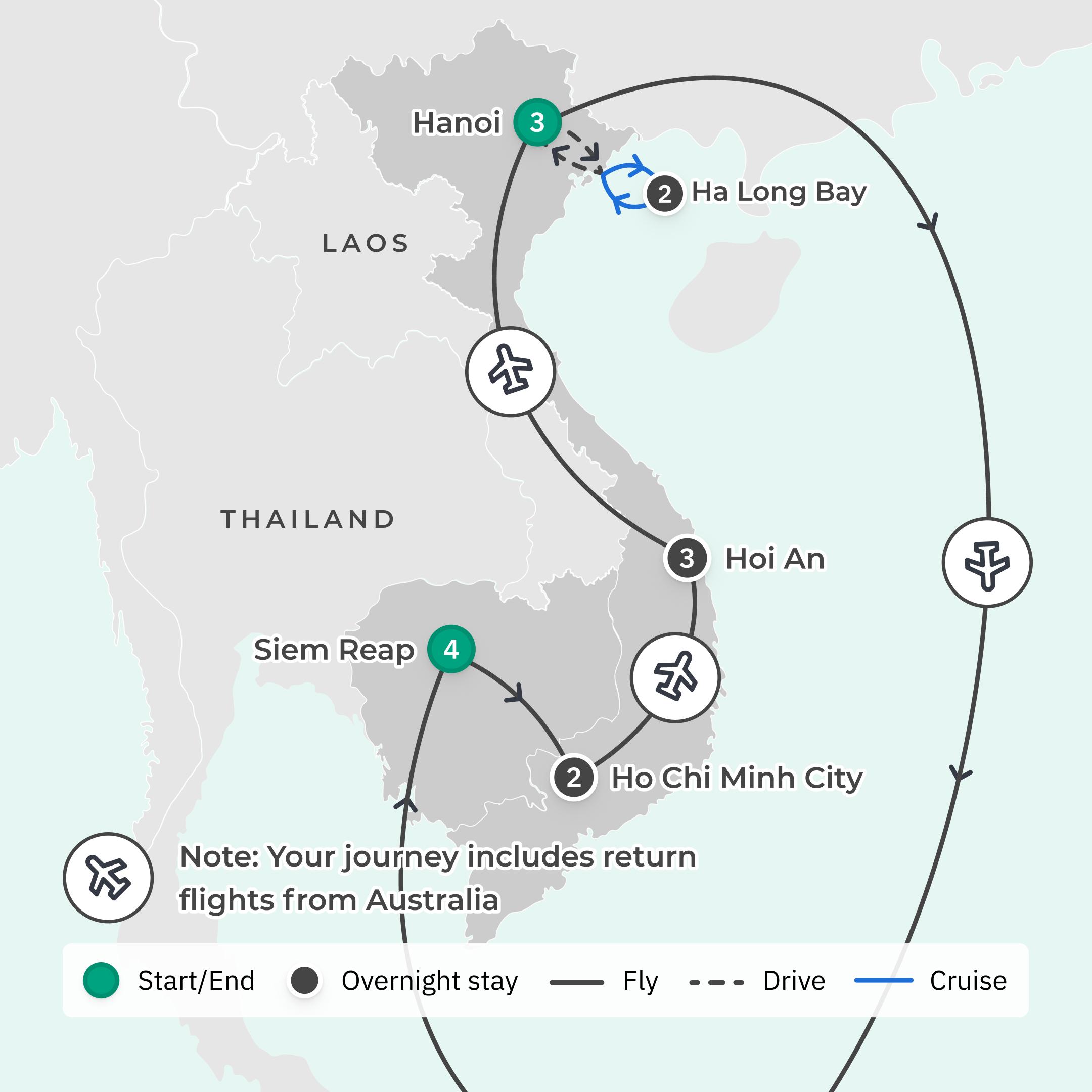 Signature Series: 15-Day Exclusive Vietnam & Cambodia Foodie Tour with Matt Preston and Gary Mehigan + Return International Flights route map