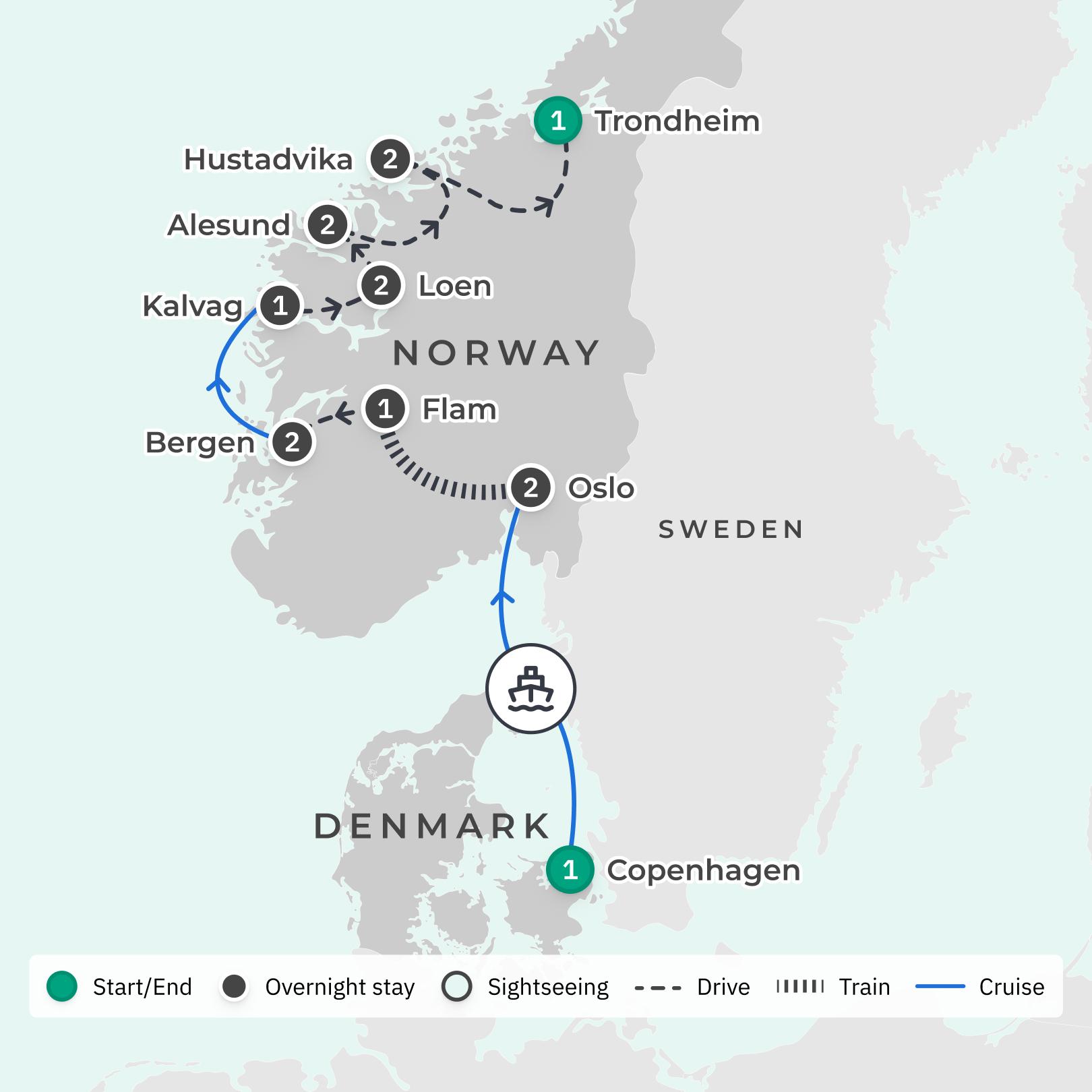 Scandinavia Summer Tour with Fjord Cruise & Scenic Train Journey route map