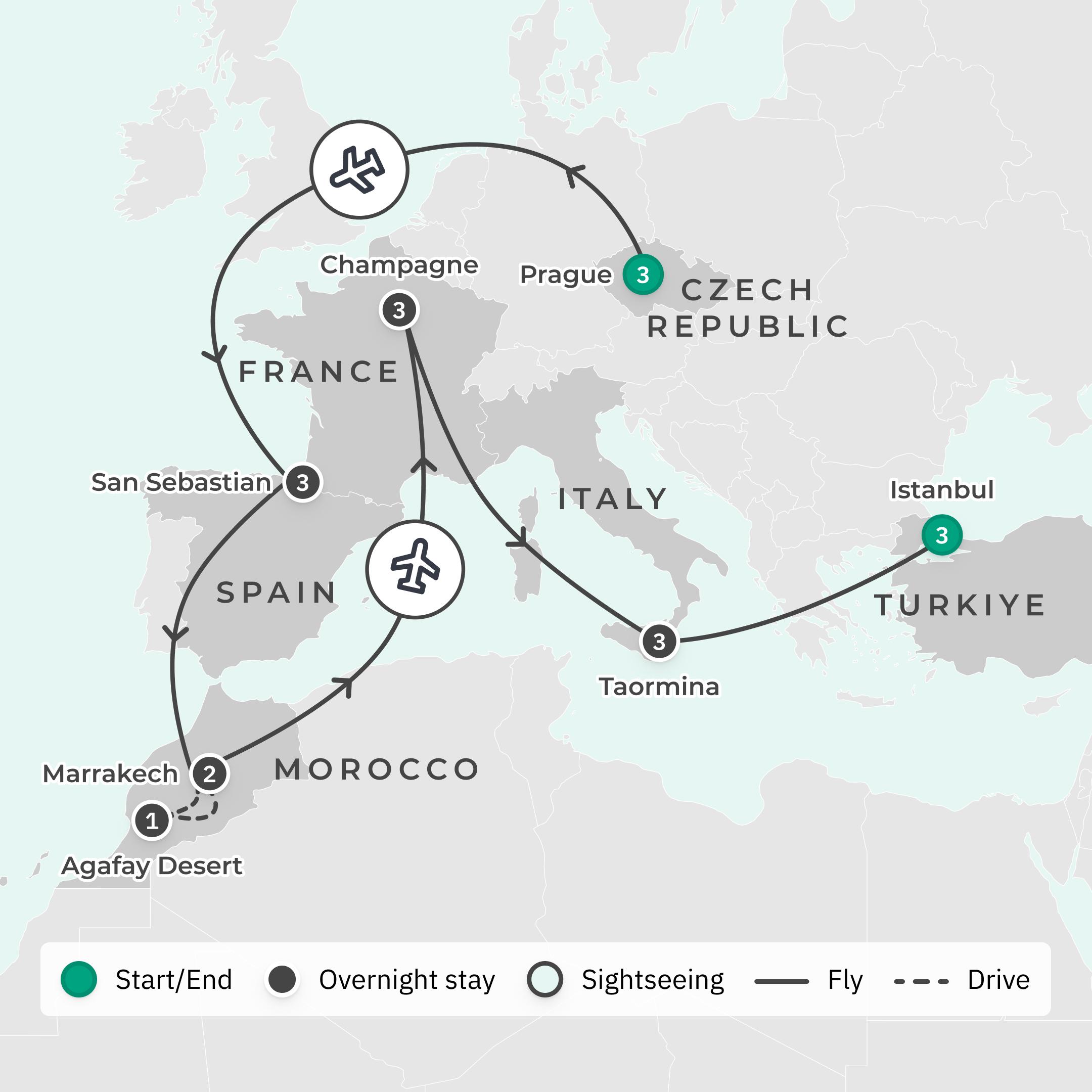 Europe by Private Premium Economy Charter Flight: Luxury Escapes Exclusive 19-Day Tour with 6 Bucket-List Countries route map