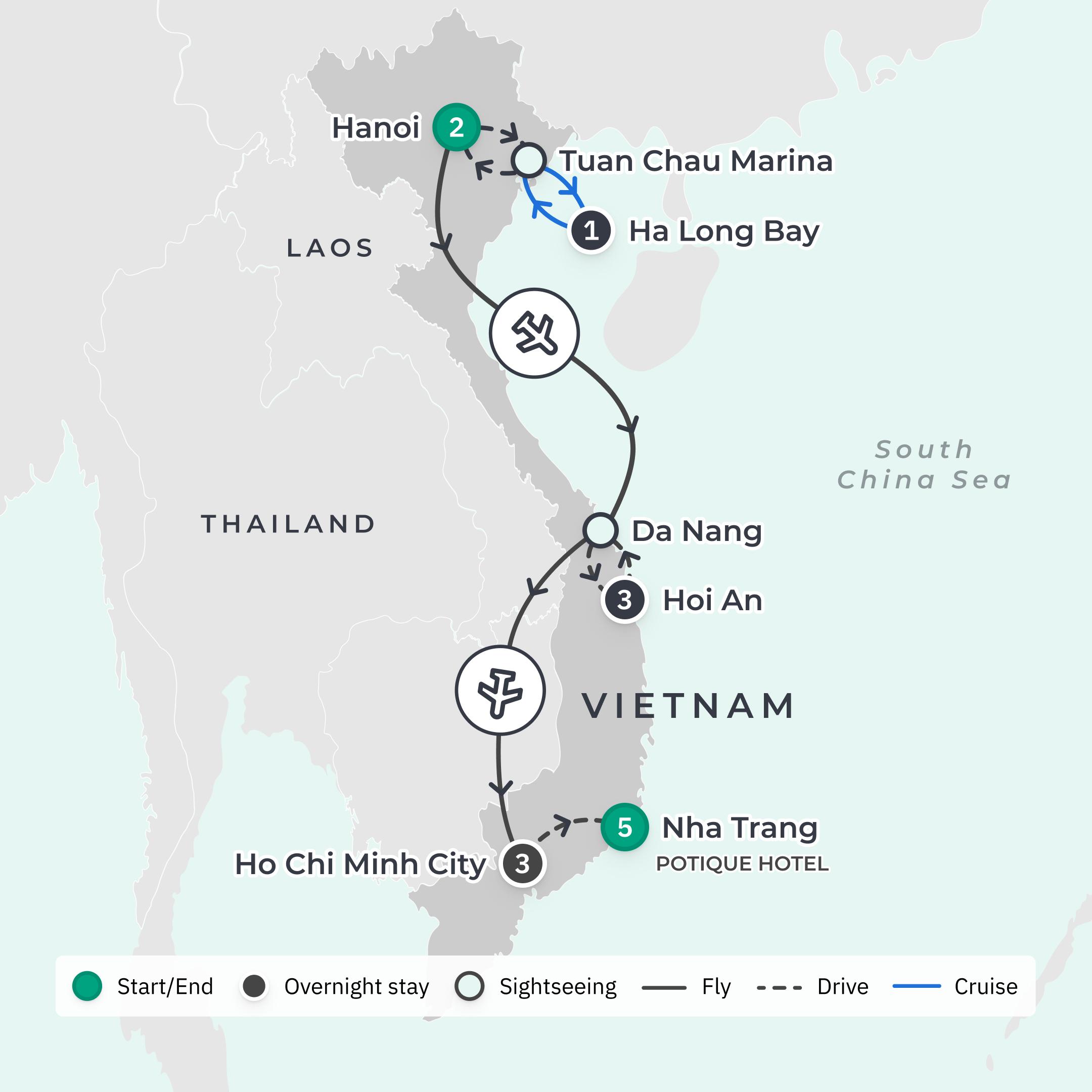 Limited Time Offer: 10-Day Vietnam Highlights + 5-Night Potique Hotel Nha Trang Stay route map