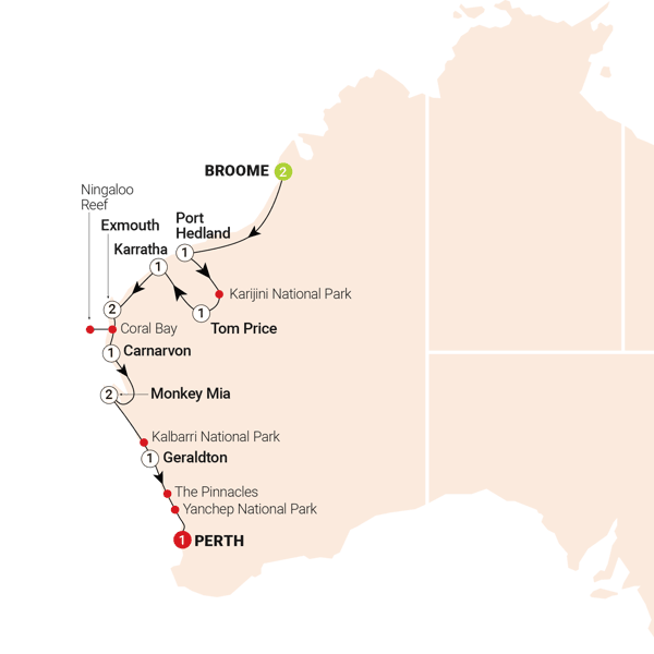 Untamed Pilbara & West Coast route map