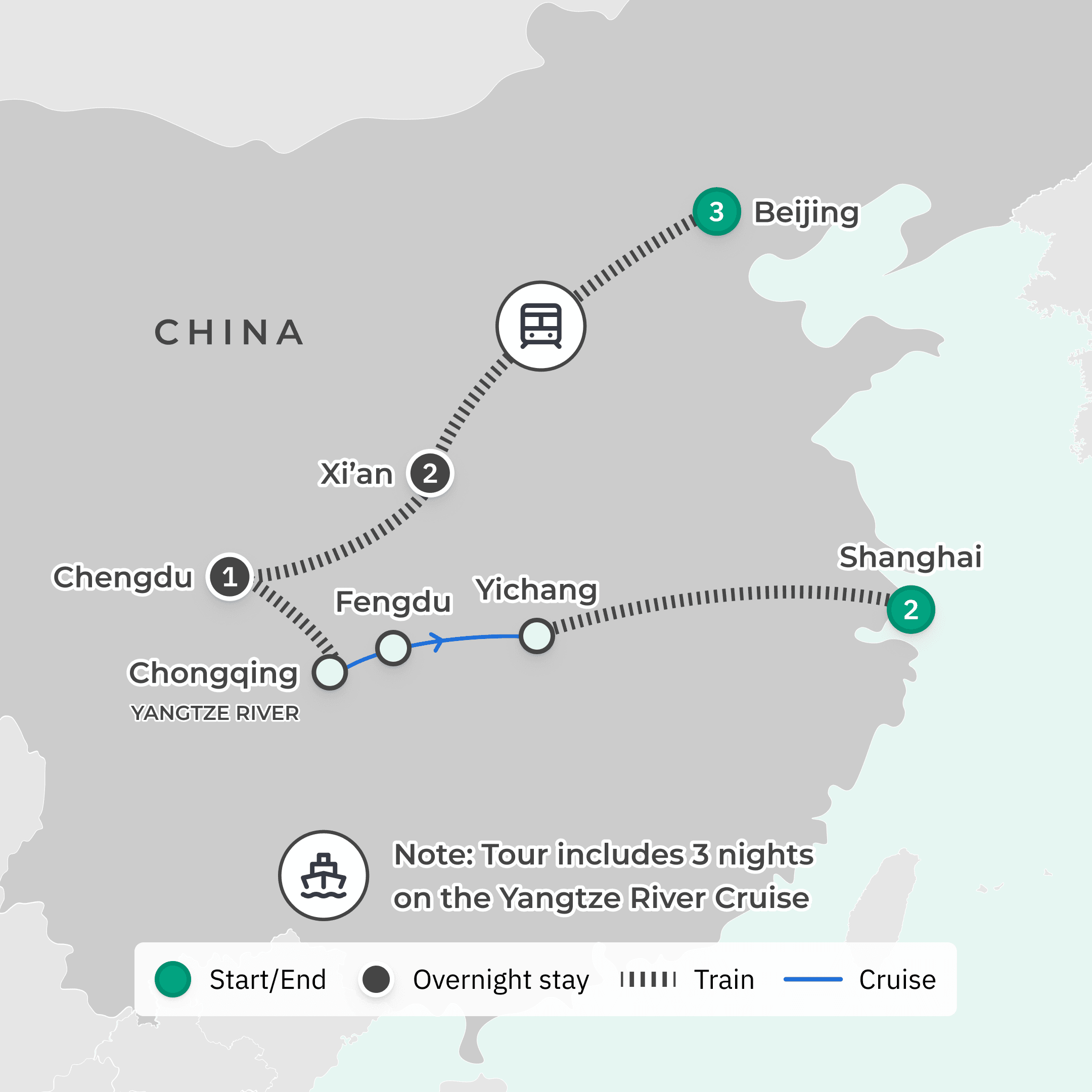 Premium 12-Day China Highlights with Great Wall of China, Bullet Train Journeys & Shangri-La Luxury Stays route map