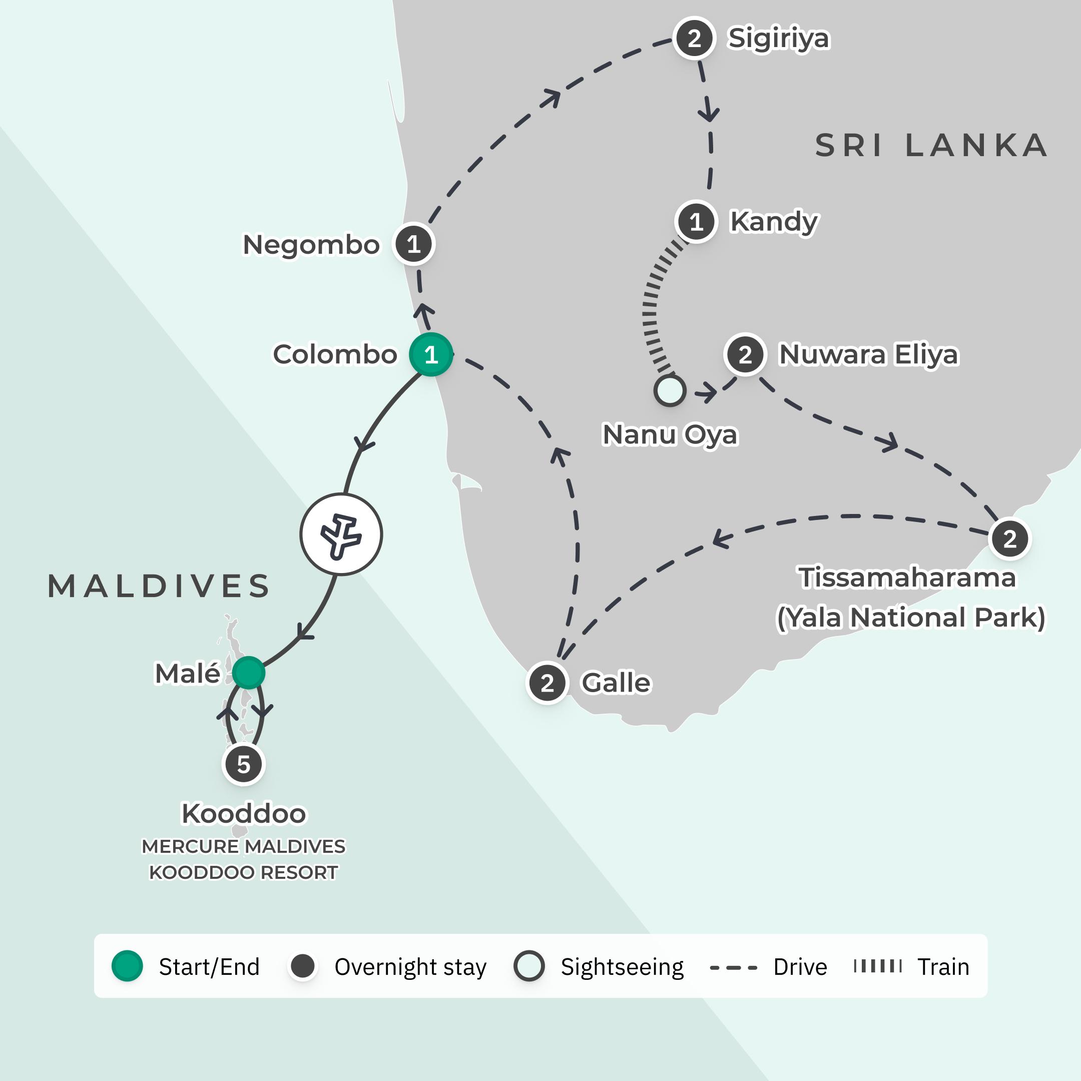 Limited Time Offer: 12-Day Best of Sri Lanka Tour + 5-Night All-Inclusive Mercure Maldives Overwater Villa Stay route map