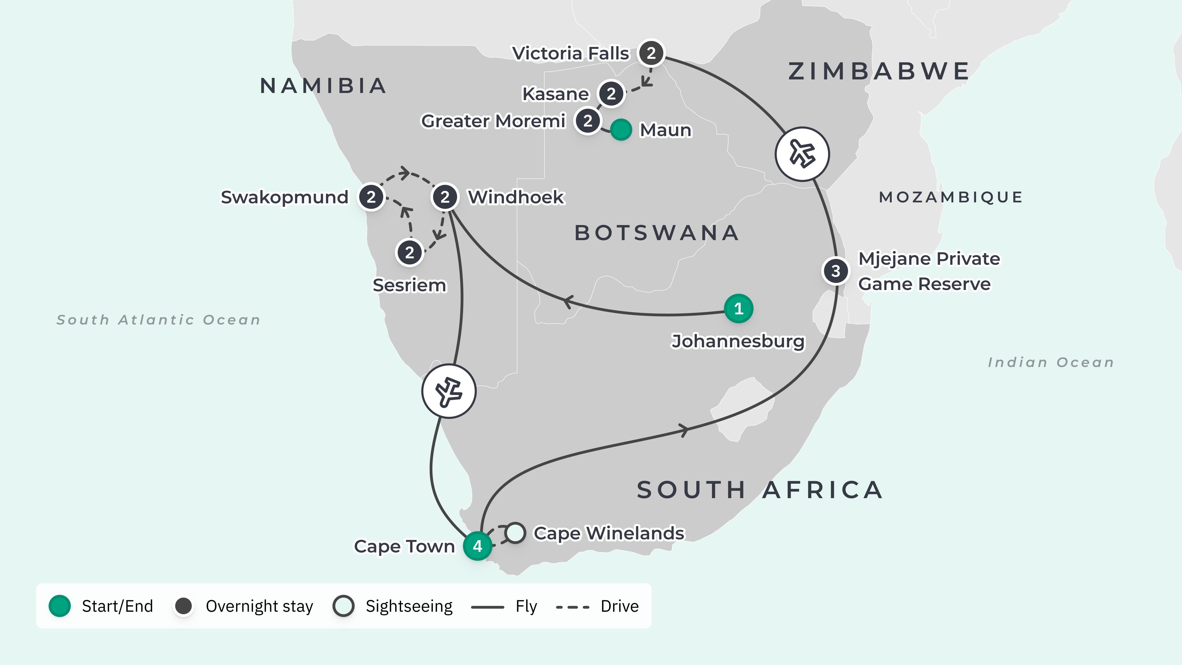 Deluxe 21-Day Ultimate Southern Africa 2027 with Cape Town, Greater Kruger, Victoria Falls & Namib Desert route map
