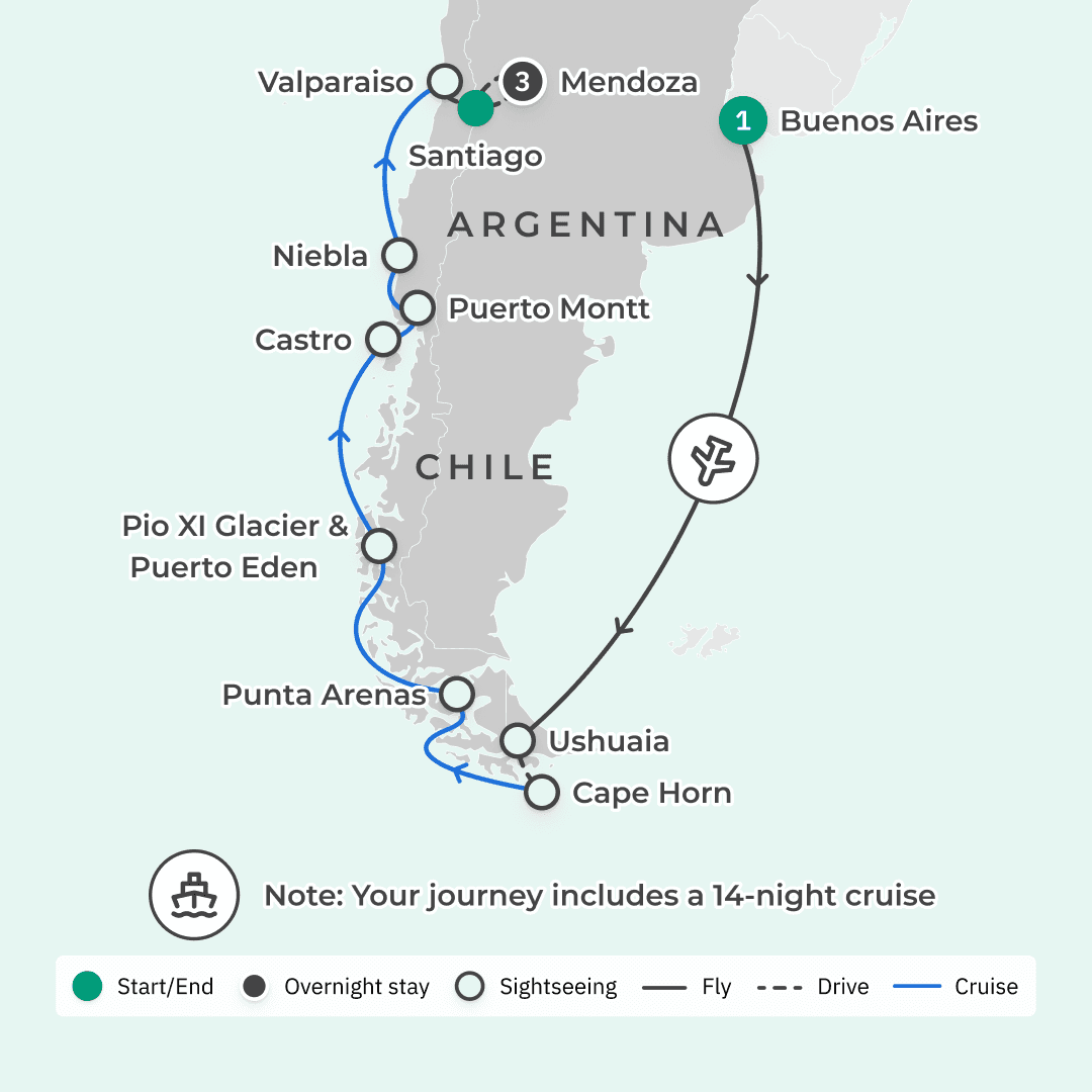 Limited Time Offer: 14-Day Scenic Eclipse II Patagonian Fjords Discovery Cruise + Argentina Luxury Lodge Stay route map