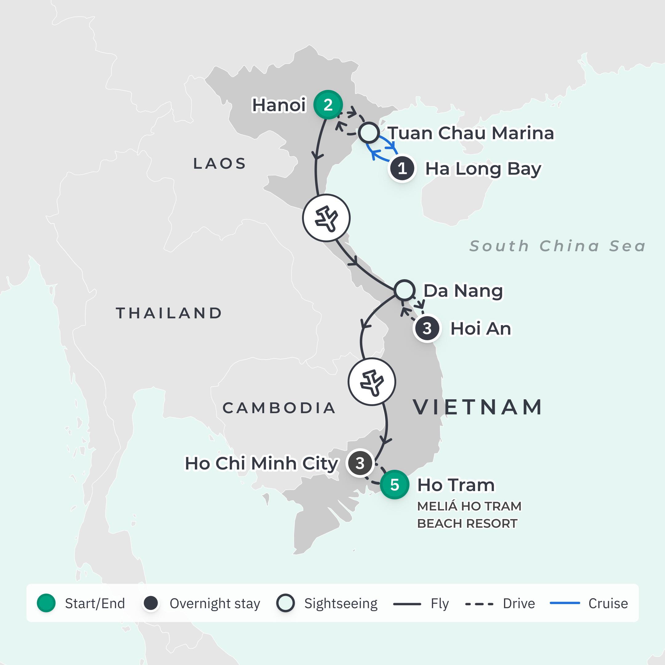 Limited Time Offer: 10-Day Vietnam Highlights Tour with BONUS 5-Night Meliá Ho Tram Stay route map
