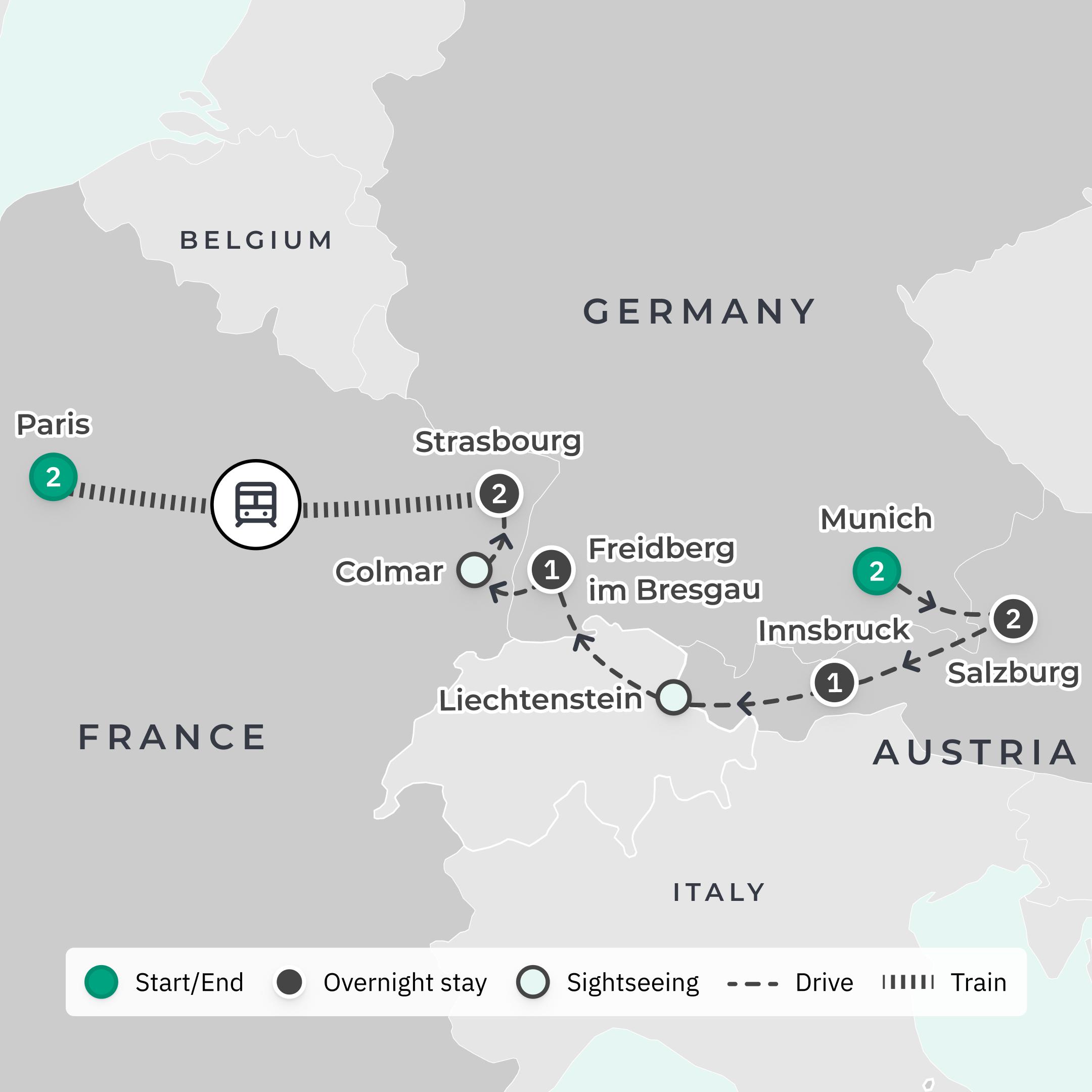 Tour prémium de 11 días por los mercados navideños de Europa: Baviera, Austria, Liechtenstein y Francia route map