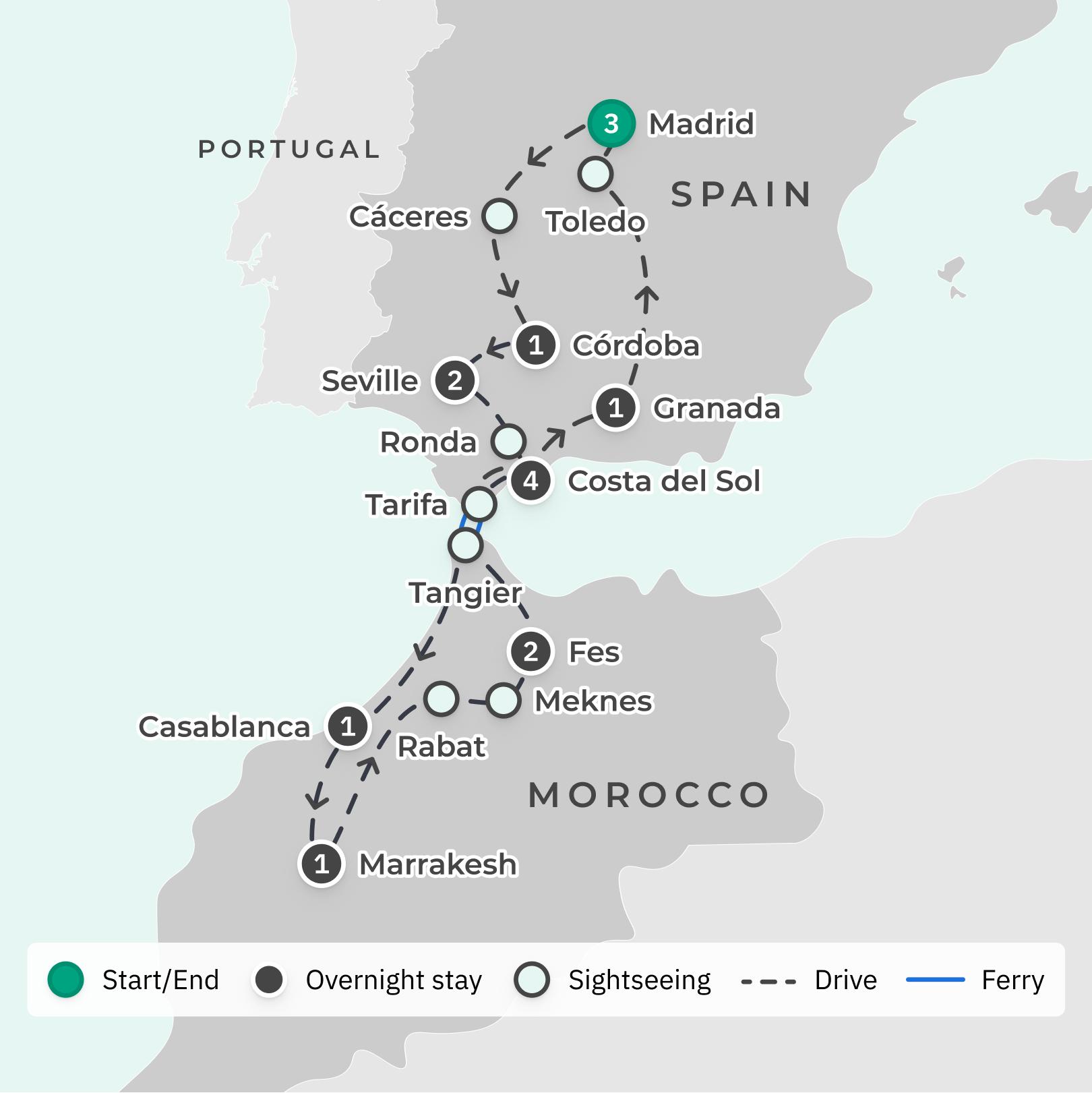 Spain & Morocco Tour with Casablanca, Flamenco Show & Guided City Tours route map