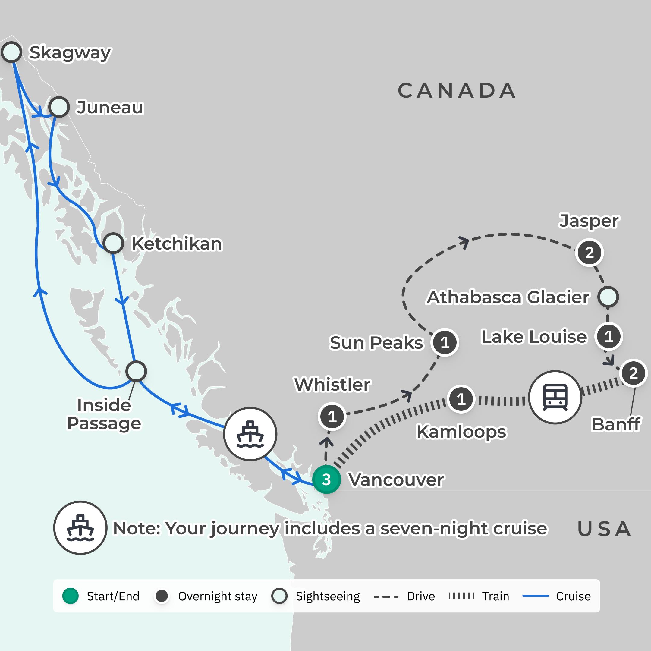 Limited Time Offer: 19-Day Deluxe Canada & Alaska 2027 Rail & Sail with Rocky Mountaineer, Inside Passage Cruise + BONUS Helicopter Tour route map