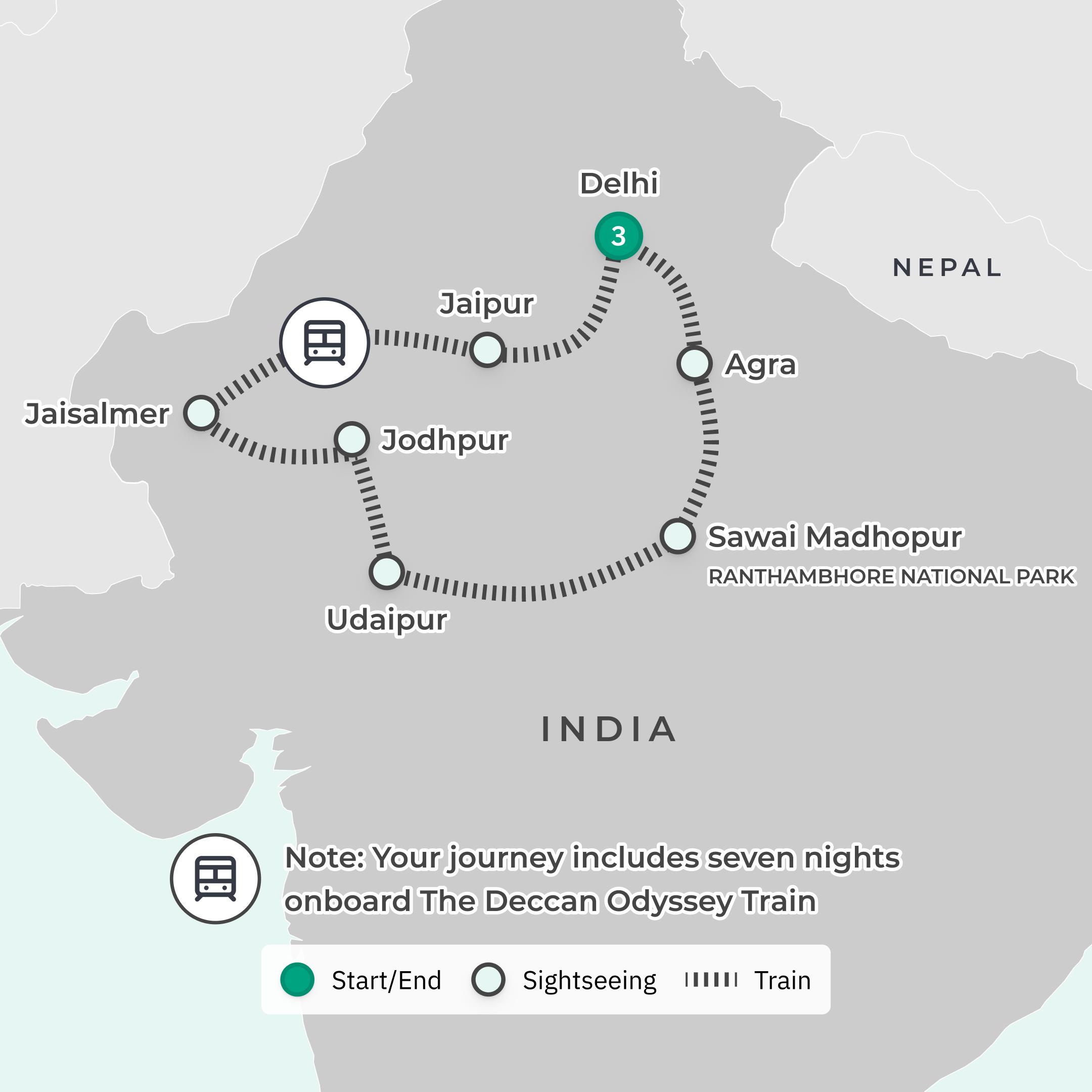Premium 11-Day India Heritage Odyssey Rail Journey aboard Luxury Deccan Odyssey with Delhi, Agra & Udaipur route map