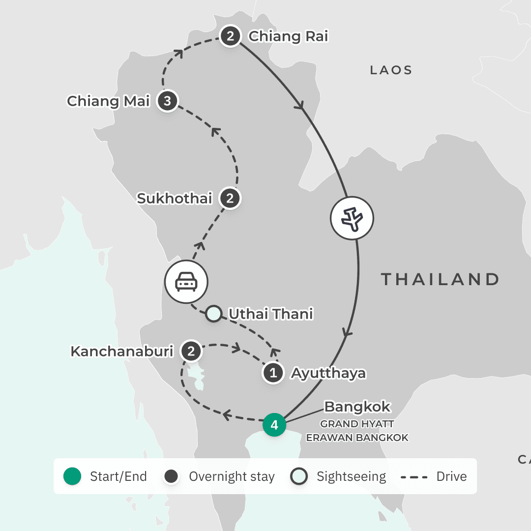 Limited Time Offer: Deluxe 12-Day Northern Thailand Tour + 3-Night Grand Hyatt Bangkok Stay route map