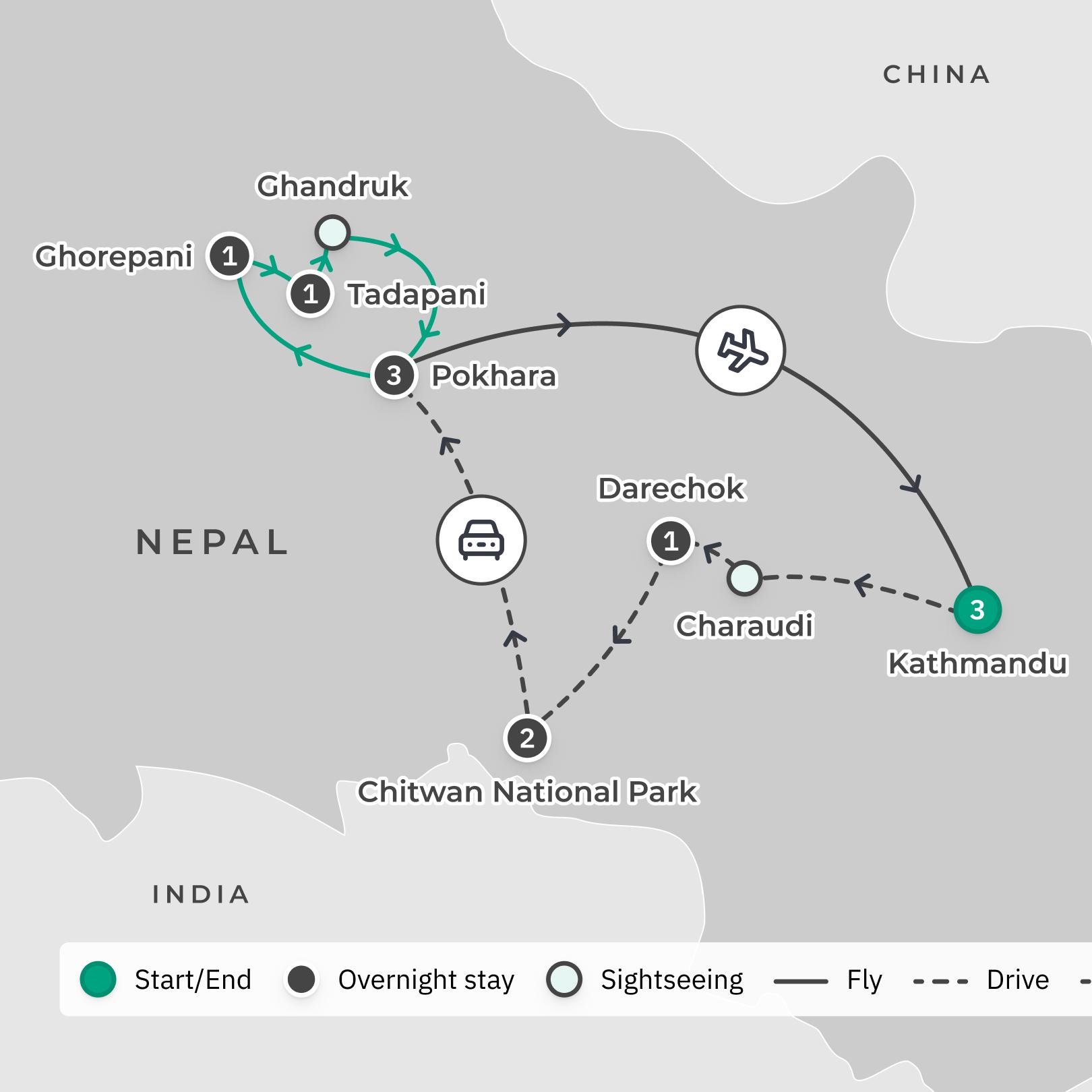 Deluxe 12-Day Best of Nepal with Pokhara Valley, Kathmandu & Chitwan  route map